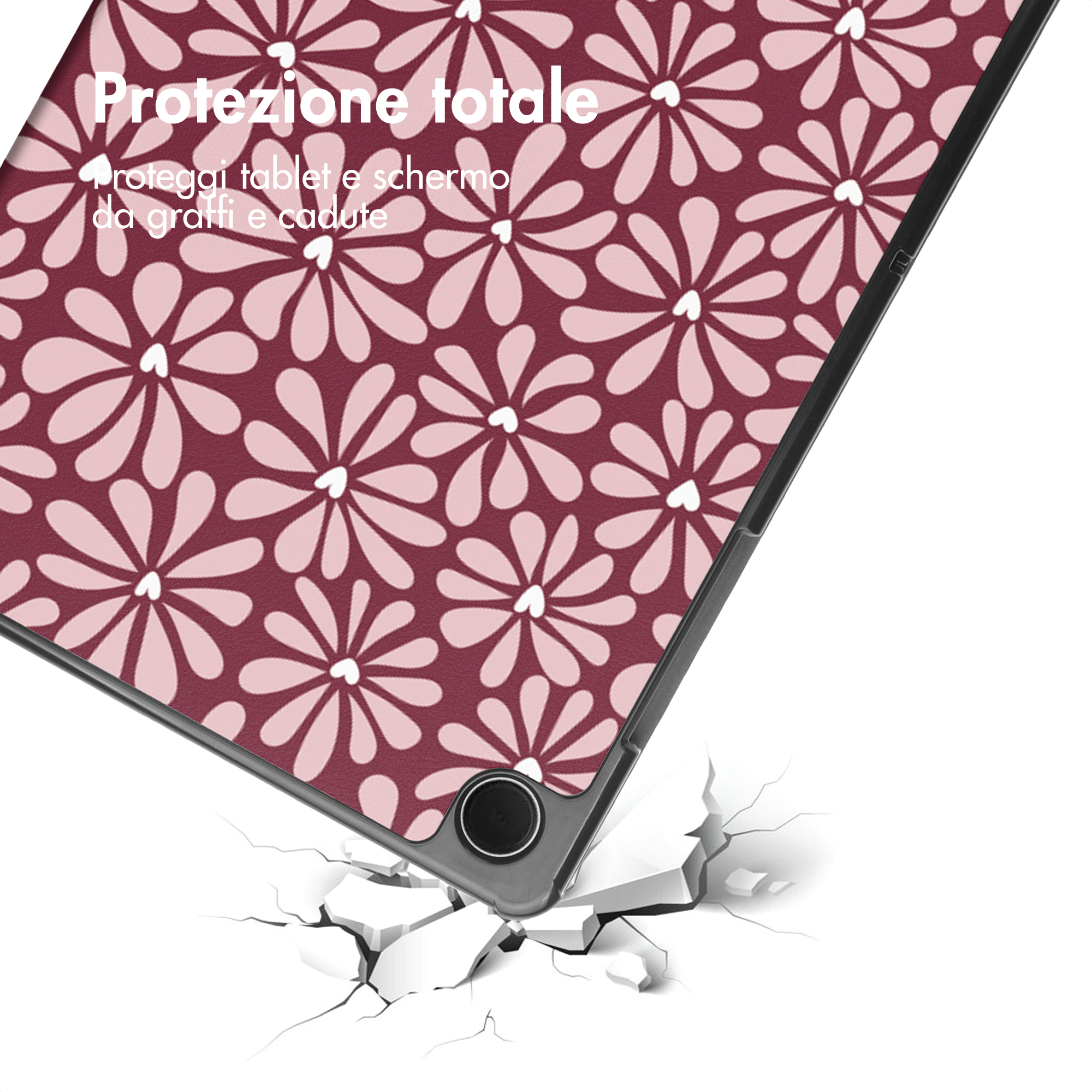 Une coque de tablette à motif floral tombant et fissurant le sol.