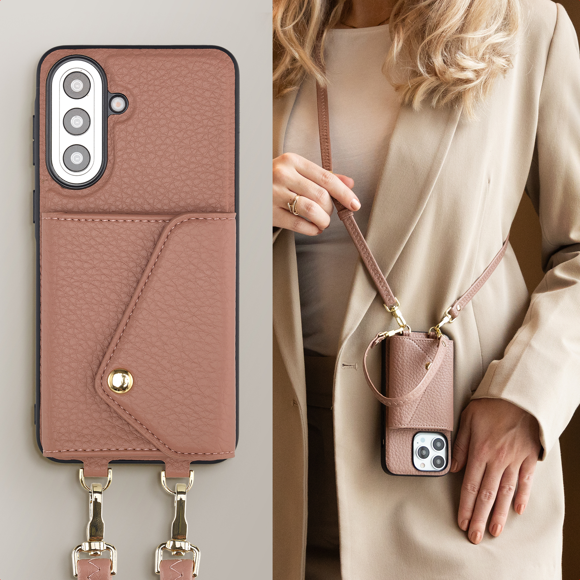 Une coque de téléphone rose avec porte-cartes et lanière, portée par une personne.