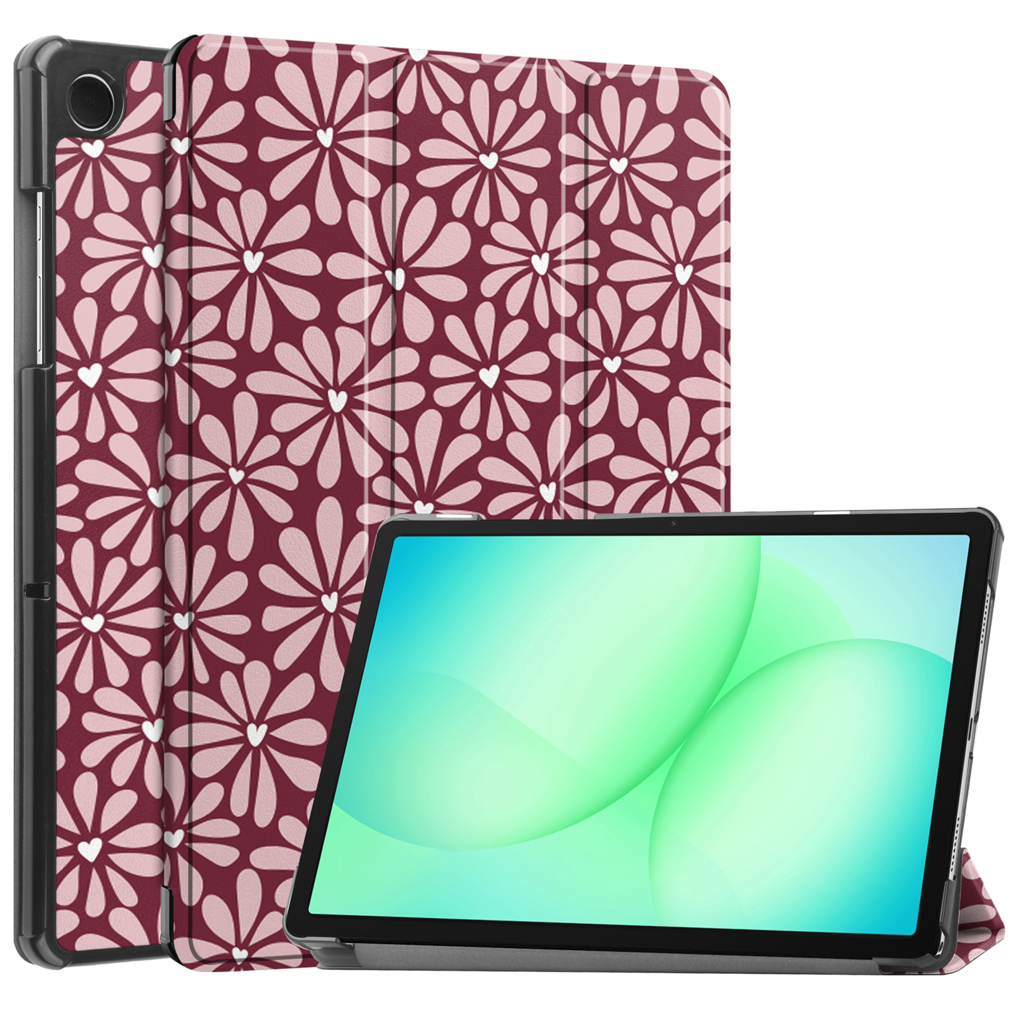 Une tablette avec un étui à motif floral rouge foncé et un écran lumineux.