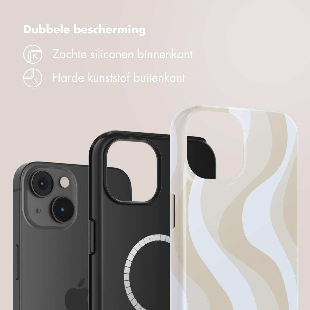 Tre custodie per telefono: nera con fotocamere, nera con anello, custodia fantasia.
