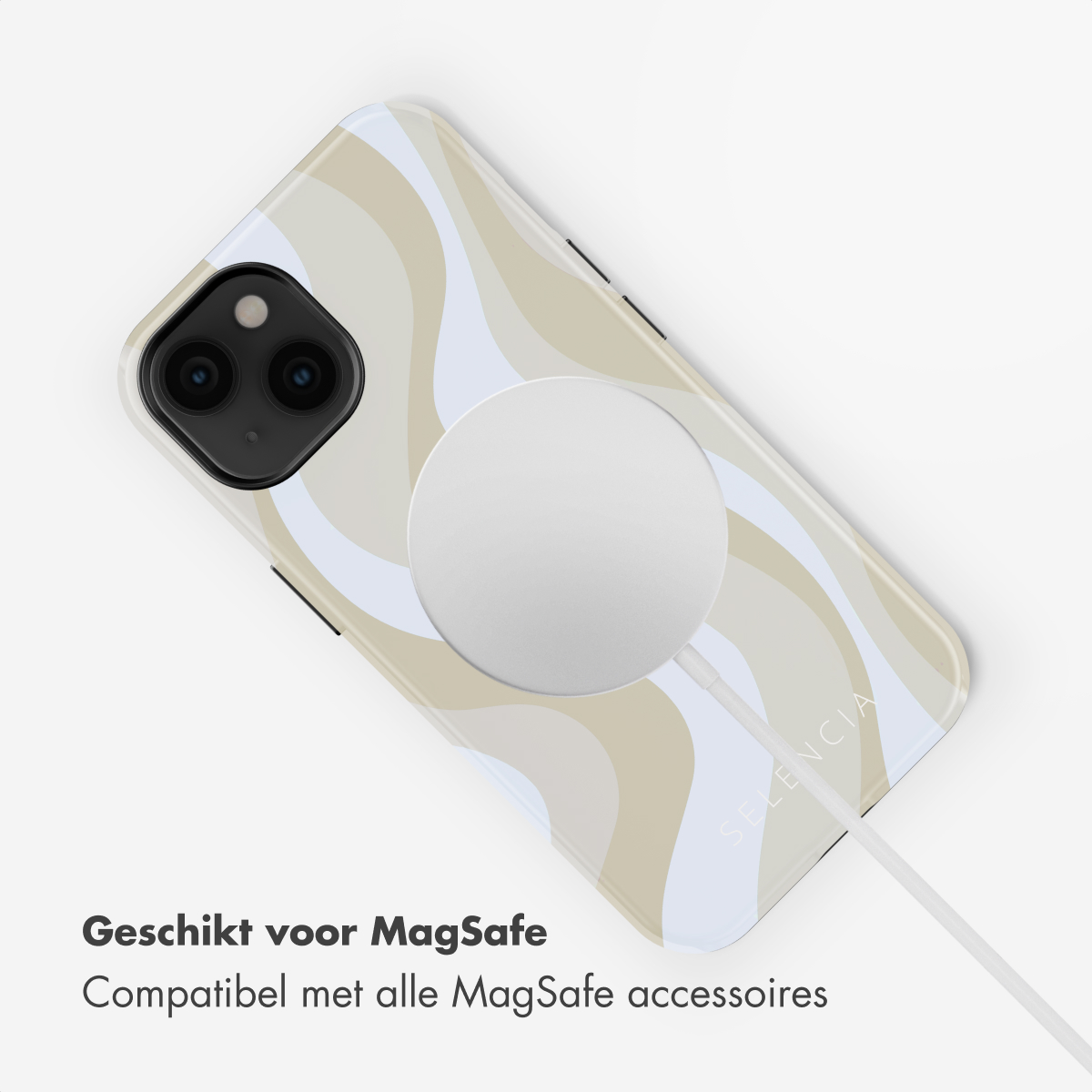 iPhone con caricatore MagSafe e motivo ondulato beige, blu e bianco.