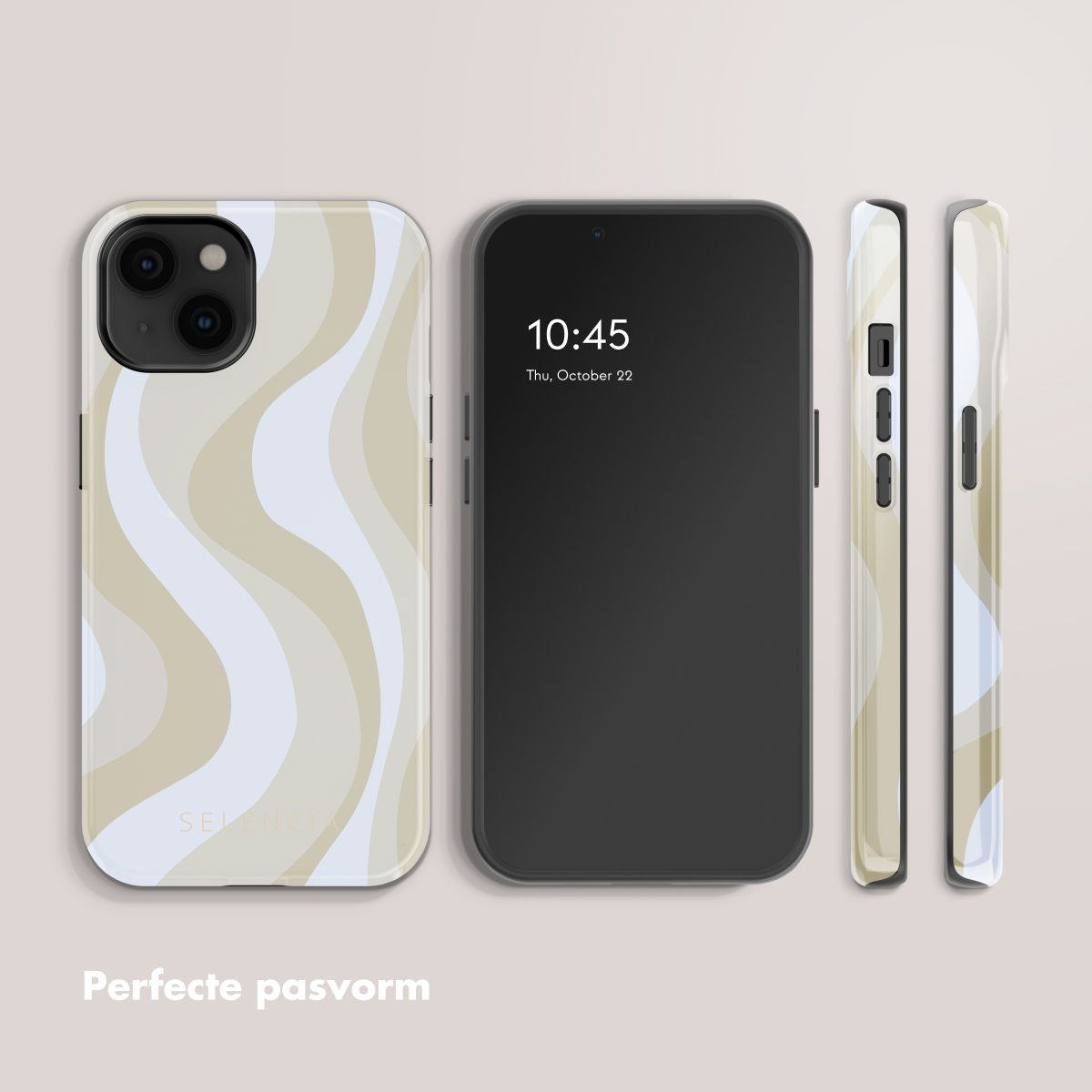 Uno smartphone con custodia a motivi ondulati beige e bianchi. Mostra le 10:45.