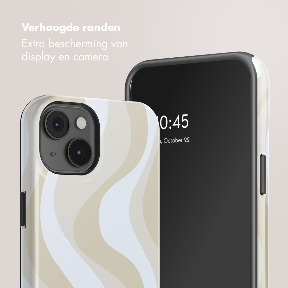 Un telefono con custodia a motivi ondulati mostra fotocamera e schermo.
