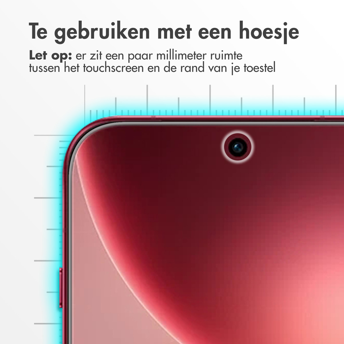 Rood telefoonscherm met camera-uitsparing en randmeting. Voor hoesjes.