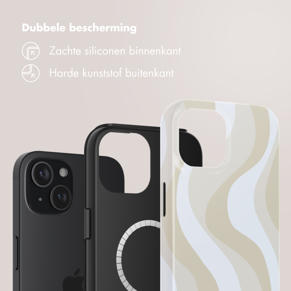 Drie telefoonhoesjes: zwart, zwart met witte cirkel en patroon in beige en wit.