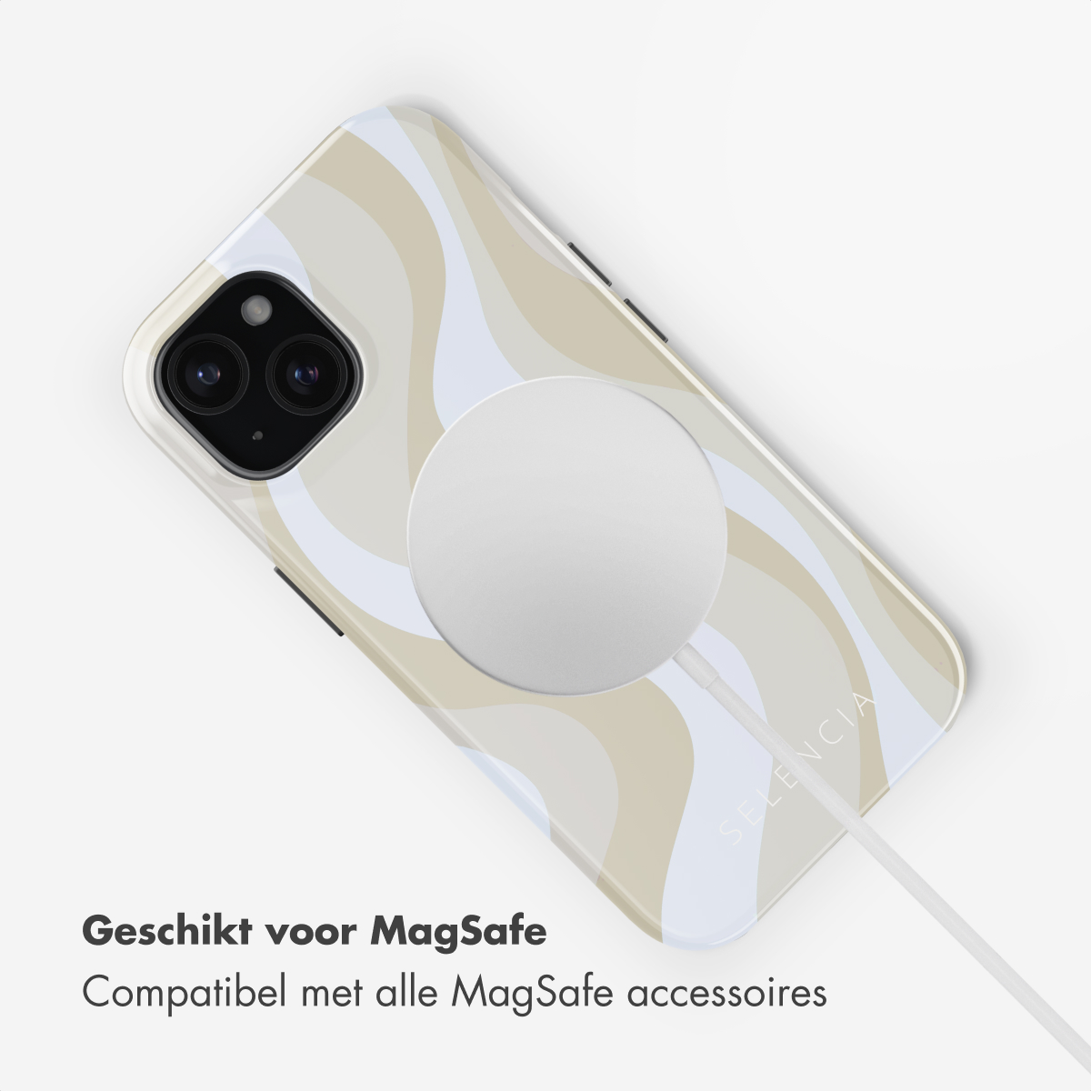 iPhone met MagSafe oplader, hoesje met patroon, witte laadindicator