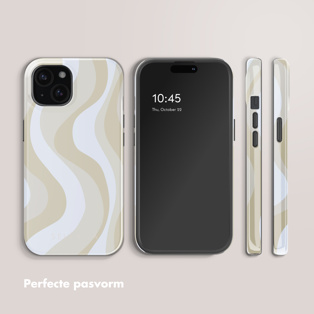 Een telefoonhoesje met golvend patroon, een smartphone en zijaanzichten.