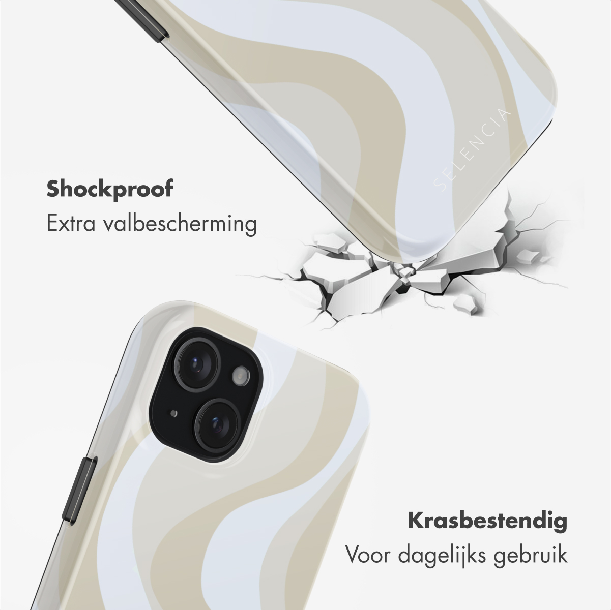 Een telefoonhoes met beige en witte golvende patronen die op gebroken grond valt.