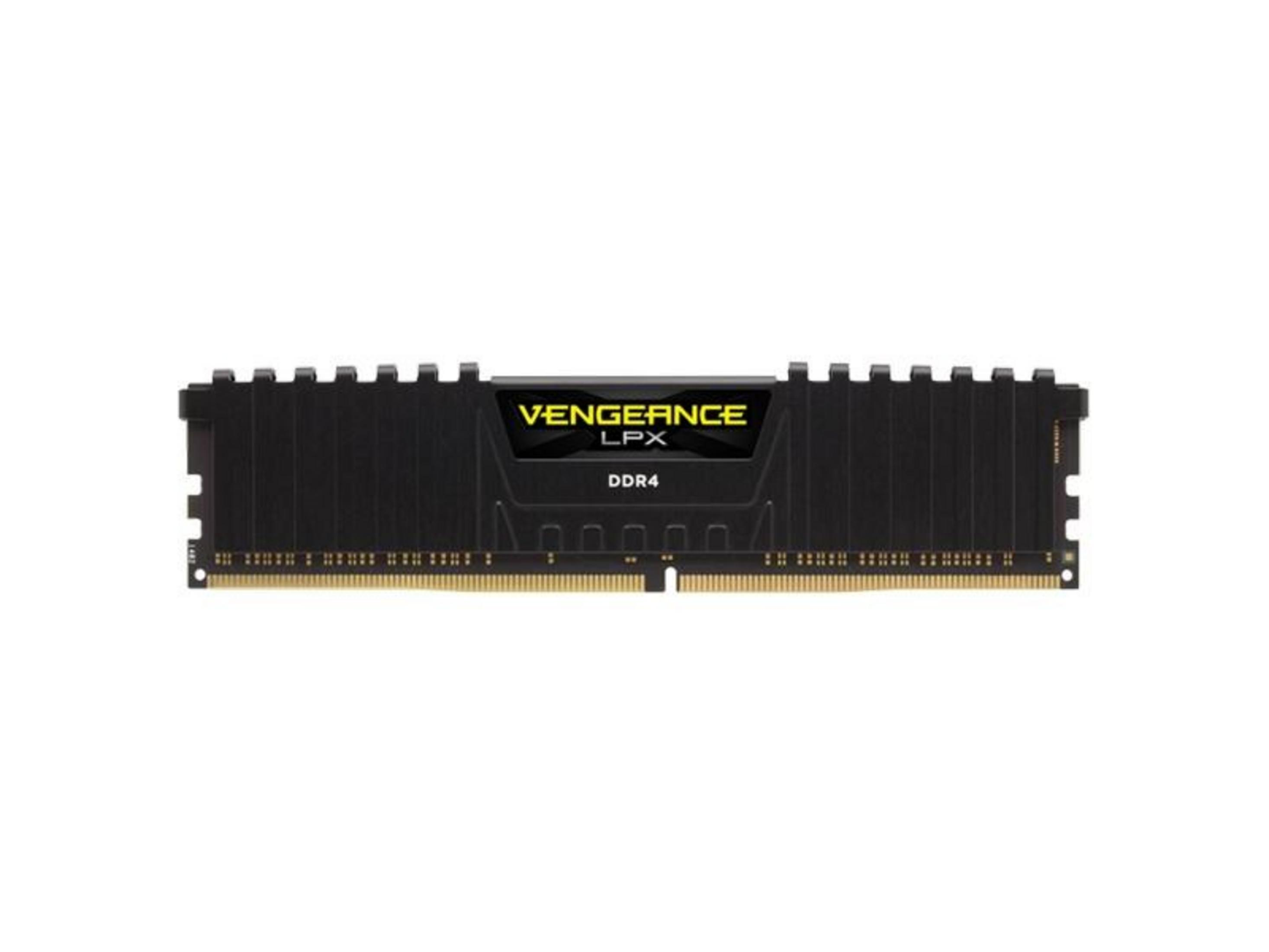 Czarny moduł RAM DDR4 z żółtym logo Vengeance LPX.