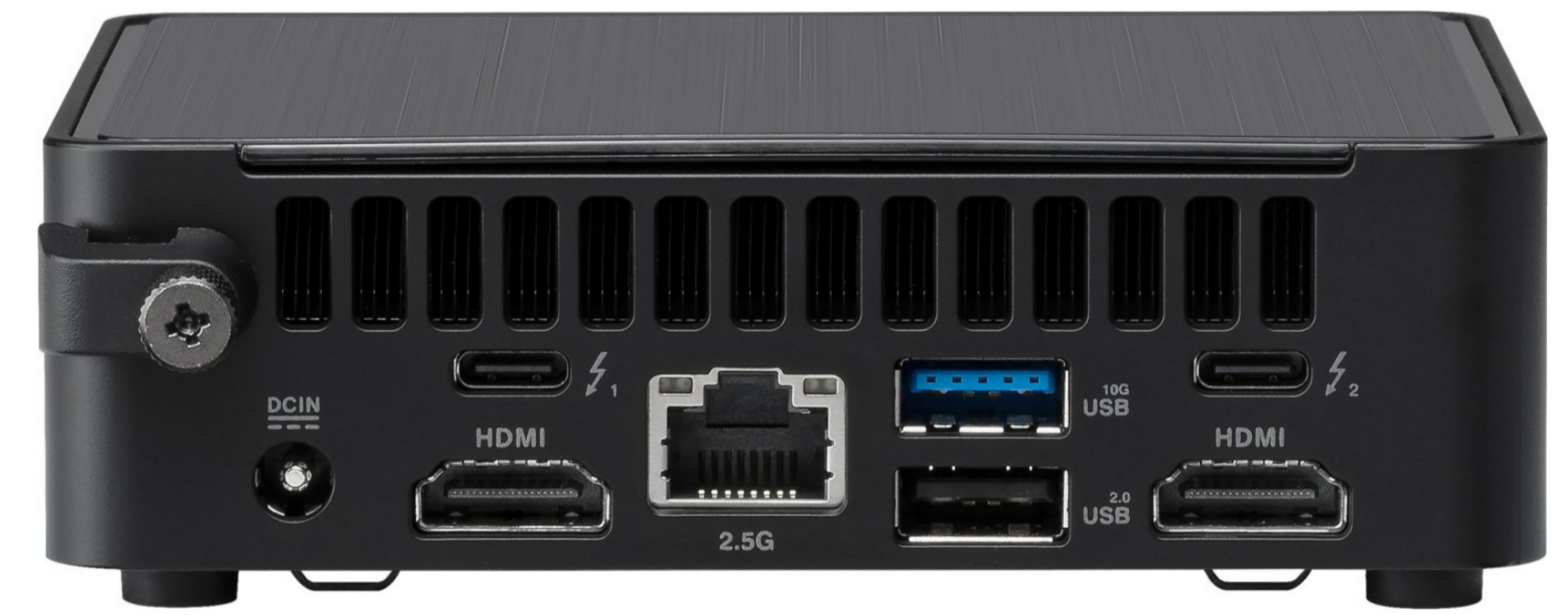 Achterkant van een zwarte mini-pc met DCIN, 2x HDMI, Thunderbolt, 2.5G Ethernet, 10G USB, USB 2.0 poorten.