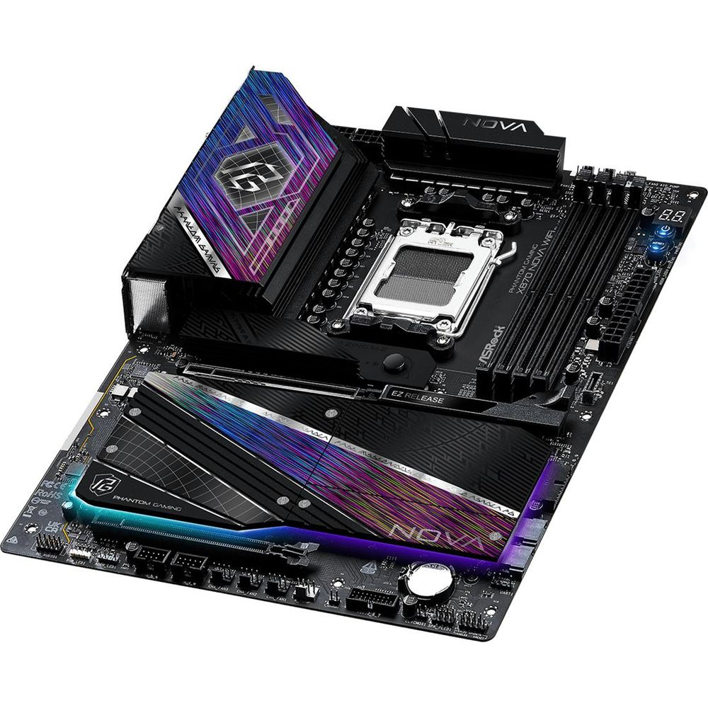 Czarna płyta główna ASRock X670E z kolorowym podświetleniem RGB i logo "NOVA".
