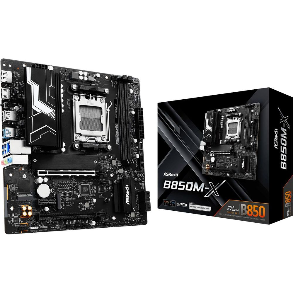Płyta główna ASRock B850M-X i jej pudełko na białym tle.