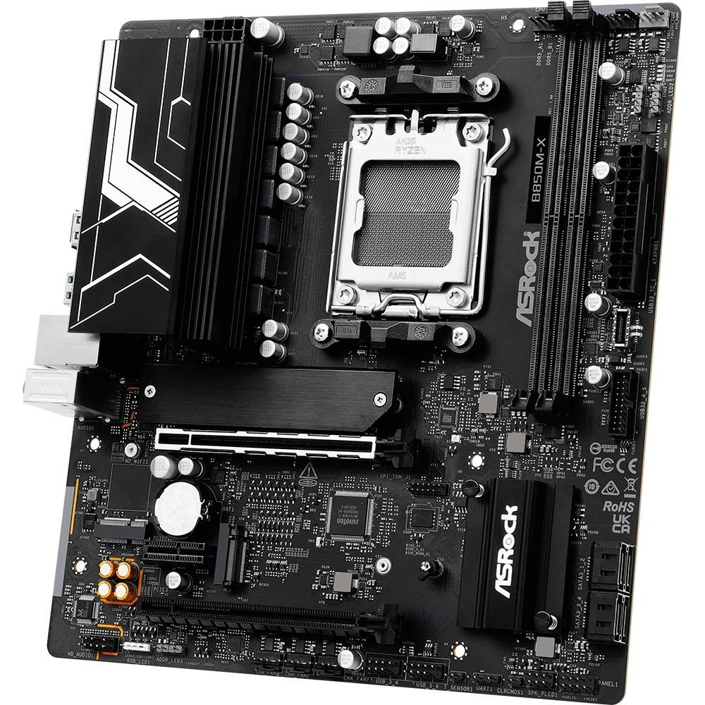 Czarna płyta główna ASRock B850M-X z gniazdem CPU, slotami RAM i radiatorami.
