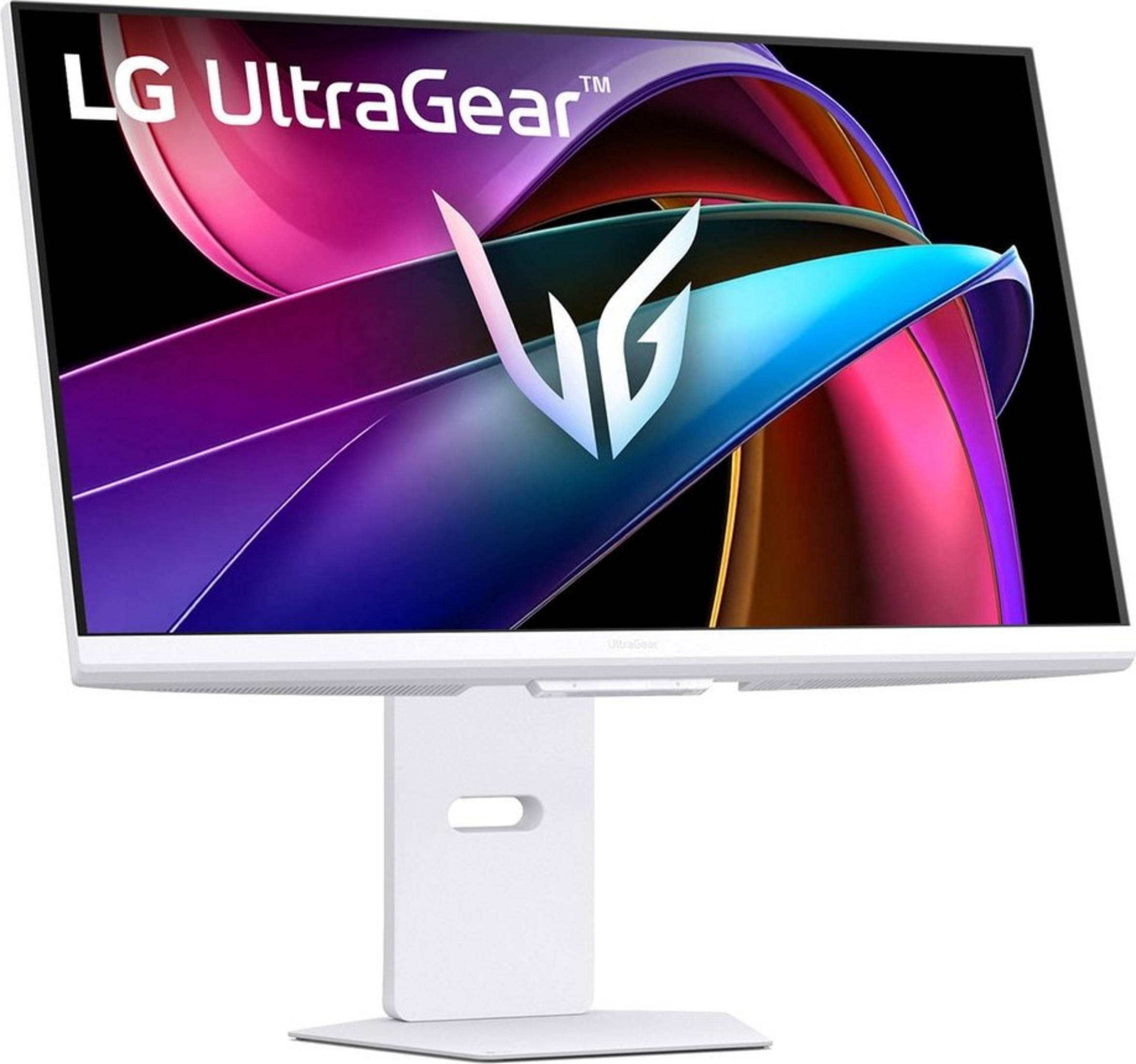 Biały monitor LG UltraGear wyświetlający kolorowe, abstrakcyjne tło.