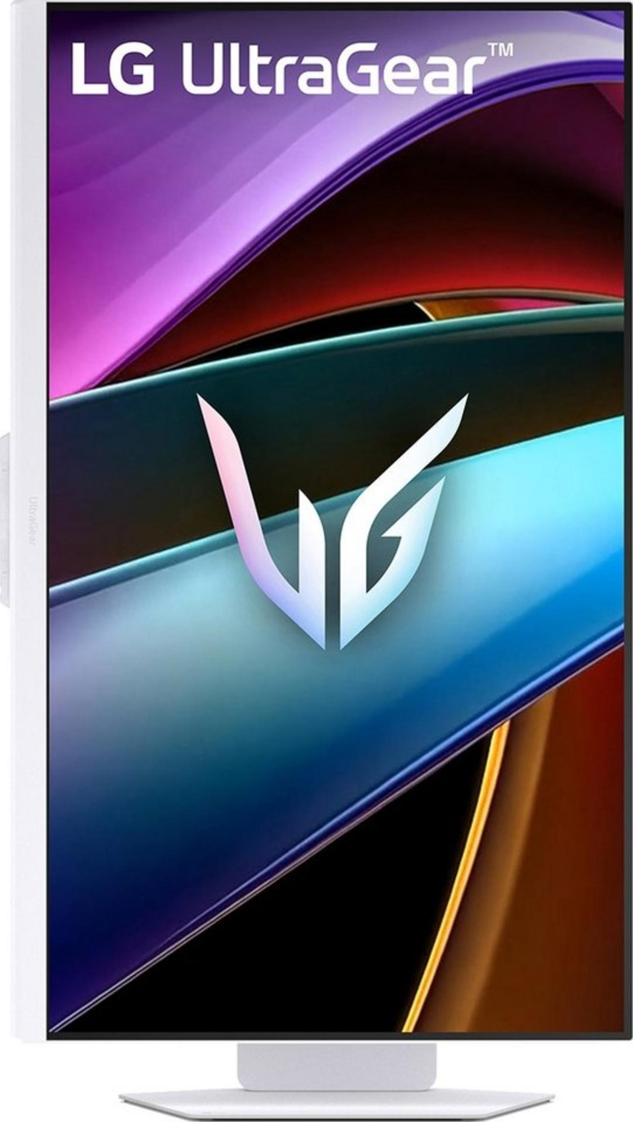 Monitor LG UltraGear z abstrakcyjnym, kolorowym tłem i białym logo.