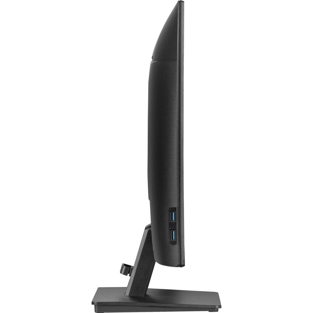 Widok z boku czarnego monitora z dwoma portami USB na stojaku.