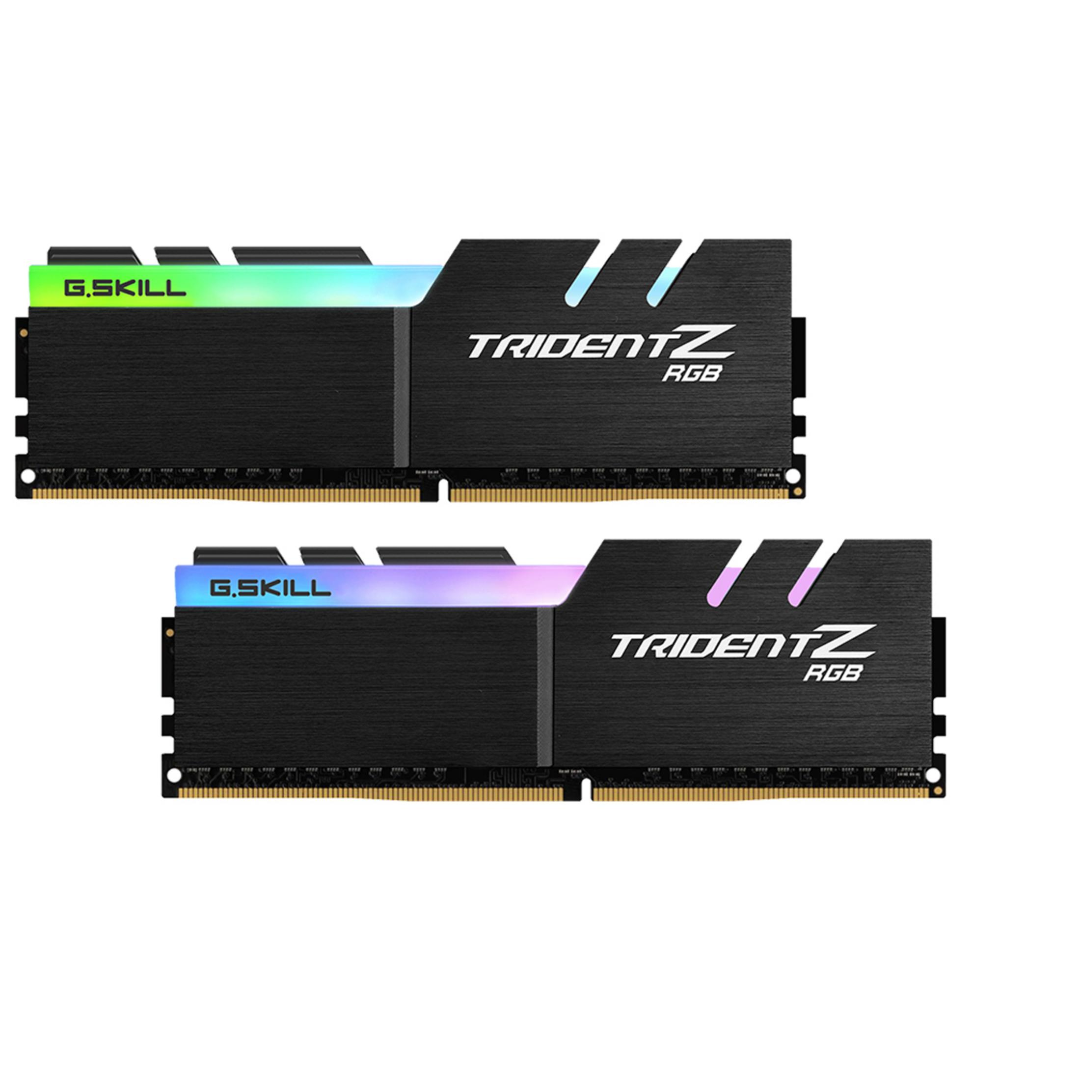 Due moduli RAM G.Skill Trident Z RGB neri con parte superiore illuminata su sfondo bianco.