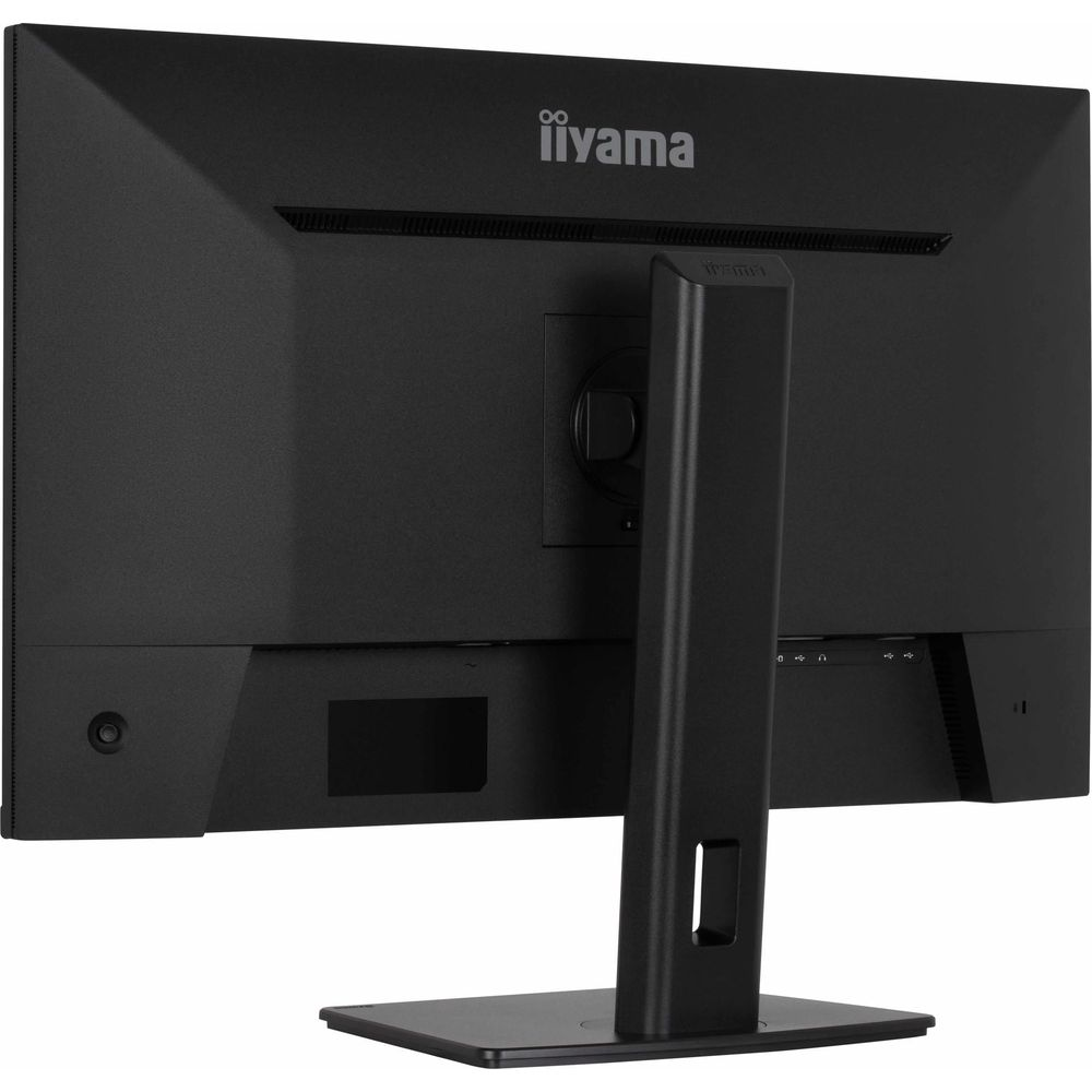 Tył czarnego monitora Iiyama ze stojakiem i portami.