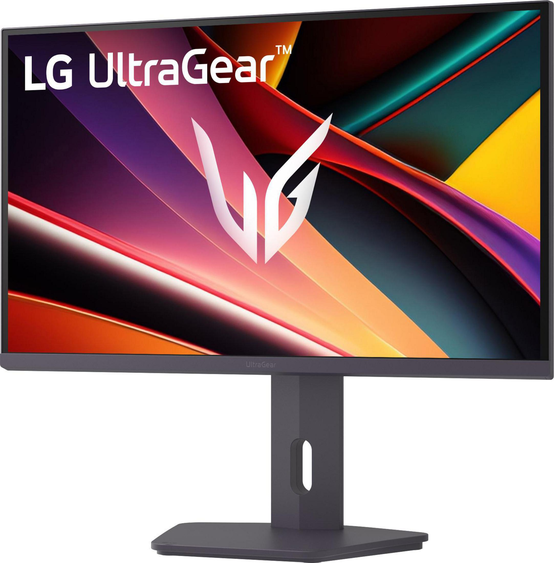 An LG UltraGear gaming monitor featuring a colorful abstract background and LG logo.