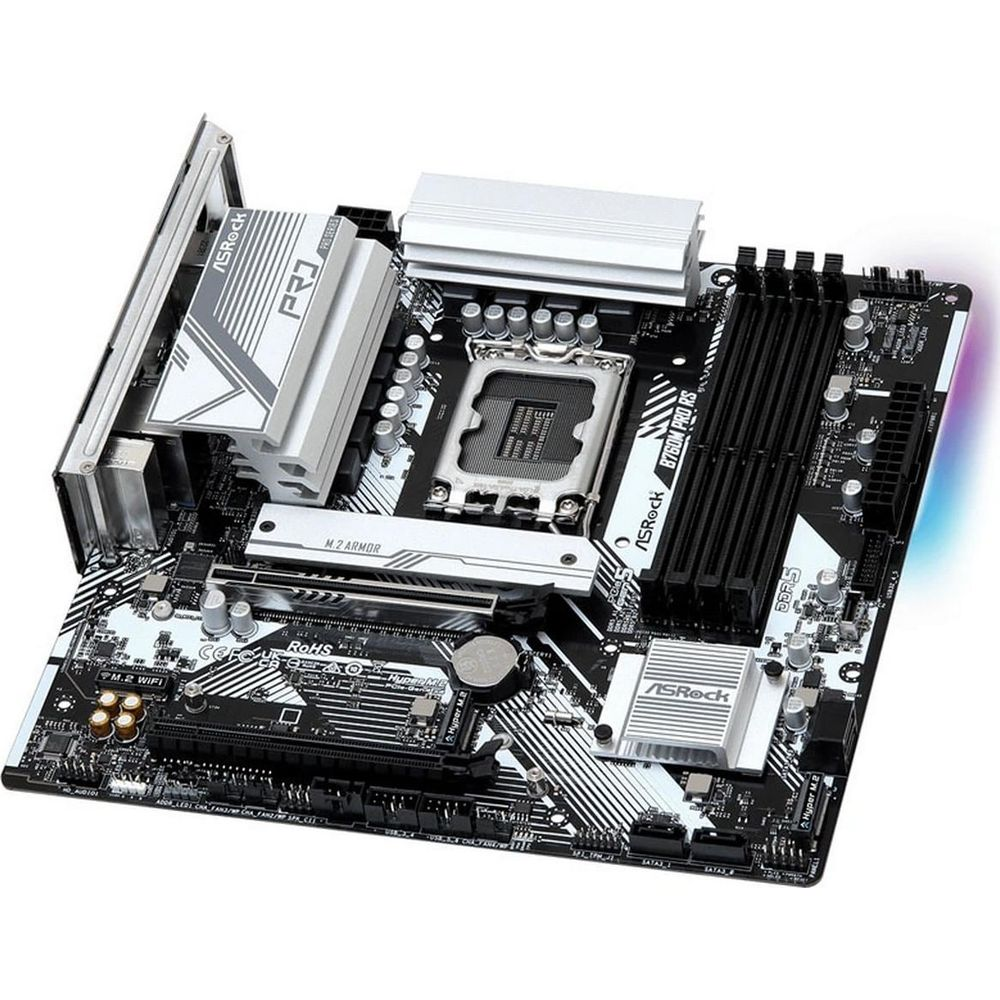 Czarna płyta główna z srebrnymi radiatorami, szczegółowymi komponentami i złączami.