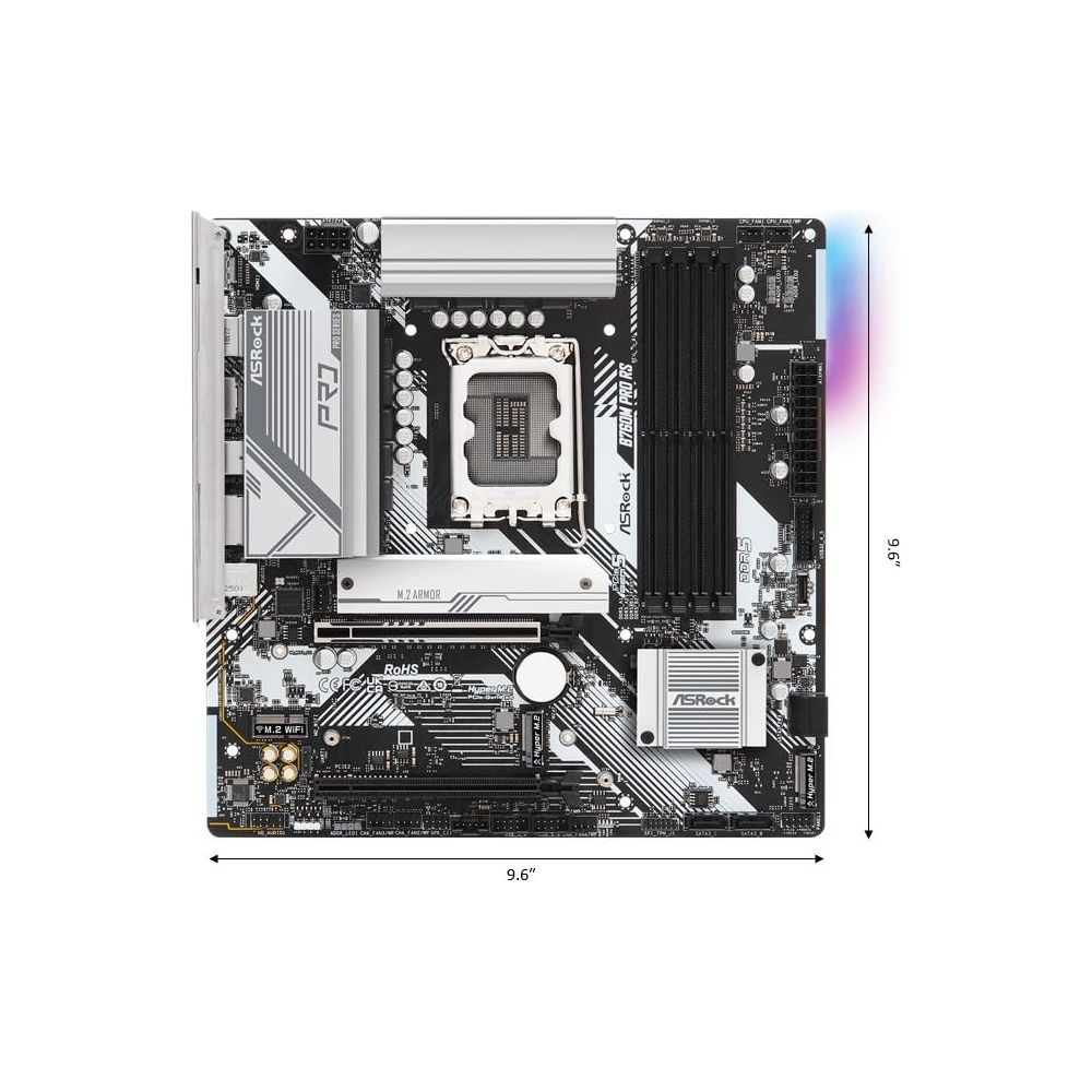 Płyta główna ASRock B760M PRO RS z gniazdem CPU, slotami RAM i złączami.