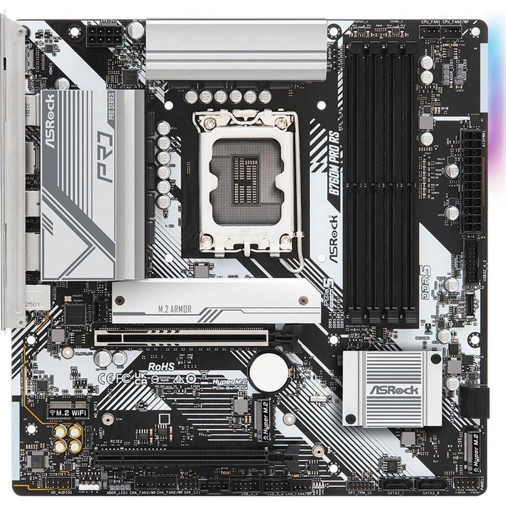 Płyta główna ASRock B760M PRO RS z gniazdem CPU, slotami DDR5 i pancerzem M.2.