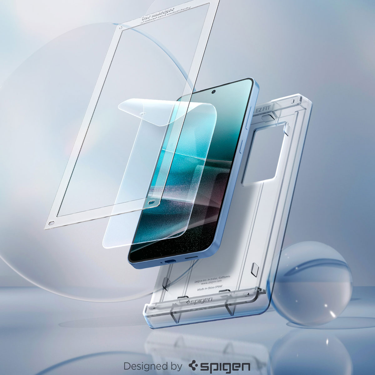 Niebieski smartfon z osłoną ekranu i etui, unoszący się.