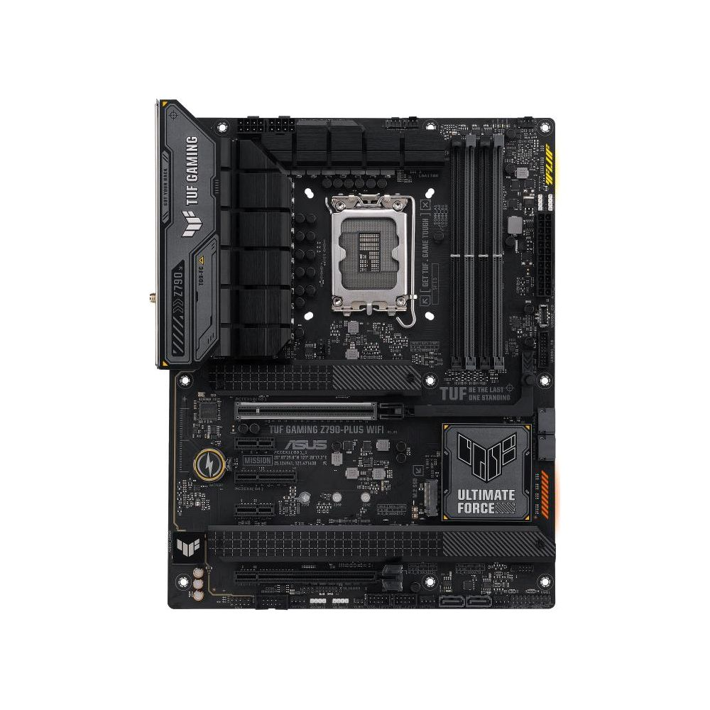 Czarna płyta główna ASUS TUF Gaming Z790-Plus WiFi z gniazdem CPU i slotami RAM.