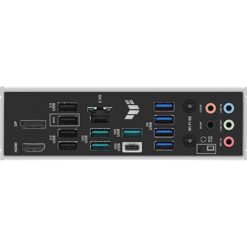 Tył płyty głównej z portami HDMI, DP, USB i audio.