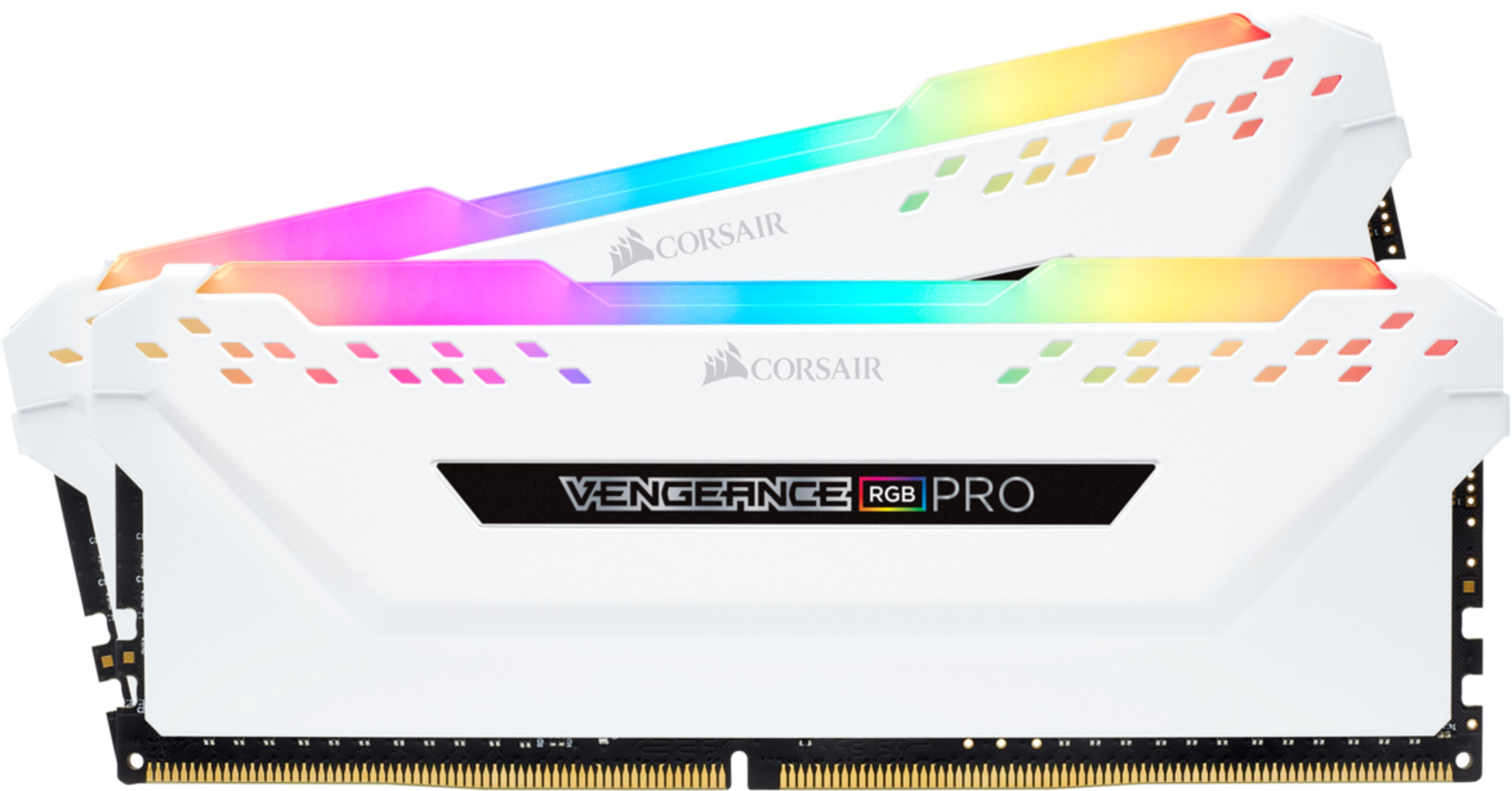 Dwa białe moduły RAM Corsair Vengeance RGB Pro z kolorowym podświetleniem.