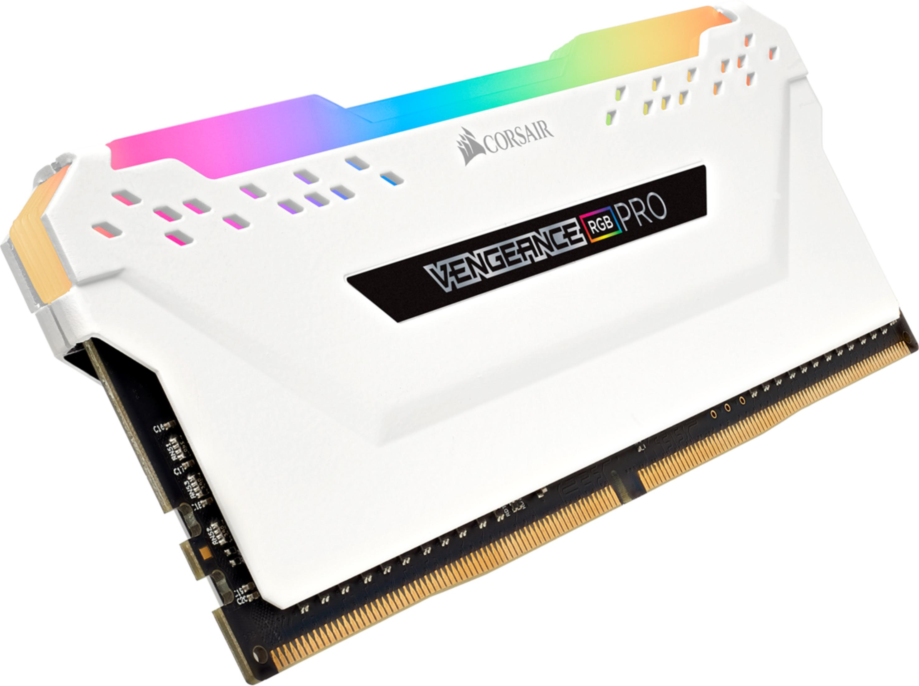 Biały moduł RAM Corsair Vengeance RGB Pro ze złotymi stykami i tęczowym podświetleniem.