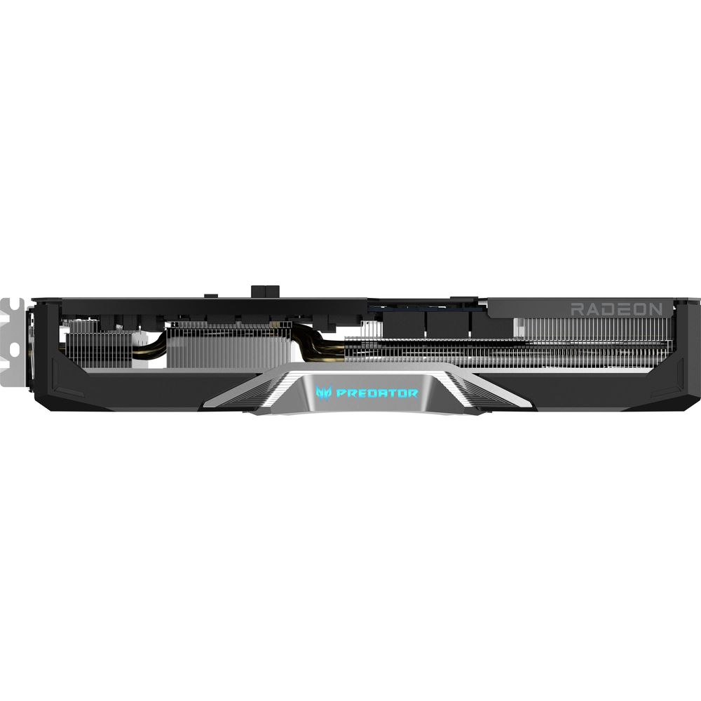 Czarny wentylator karty graficznej Radeon z niebieskim podświetlanym logo Predator.