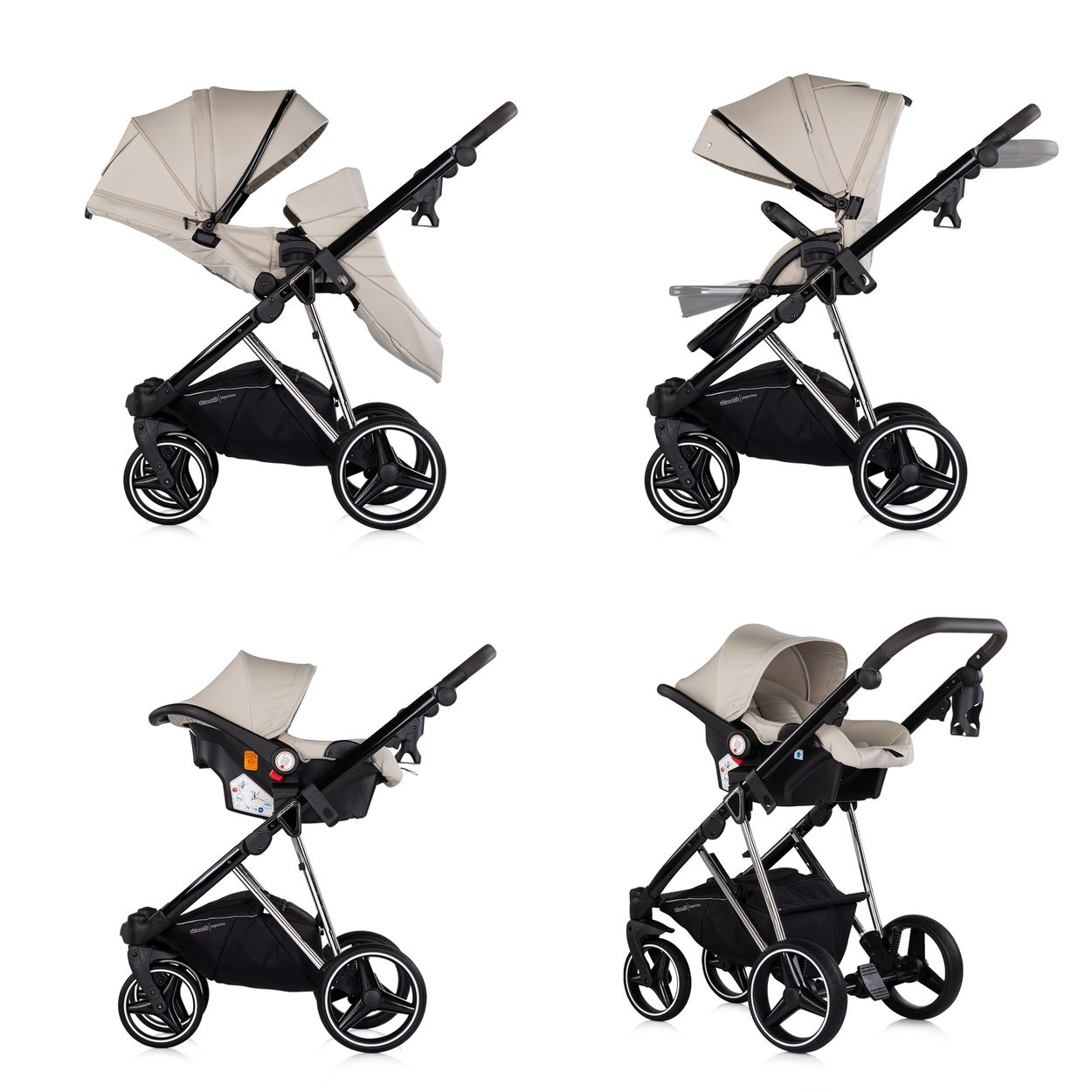 Vier Ansichten eines Kinderwagens: mit Wanne, Sitz, Babyschale und Kombi.