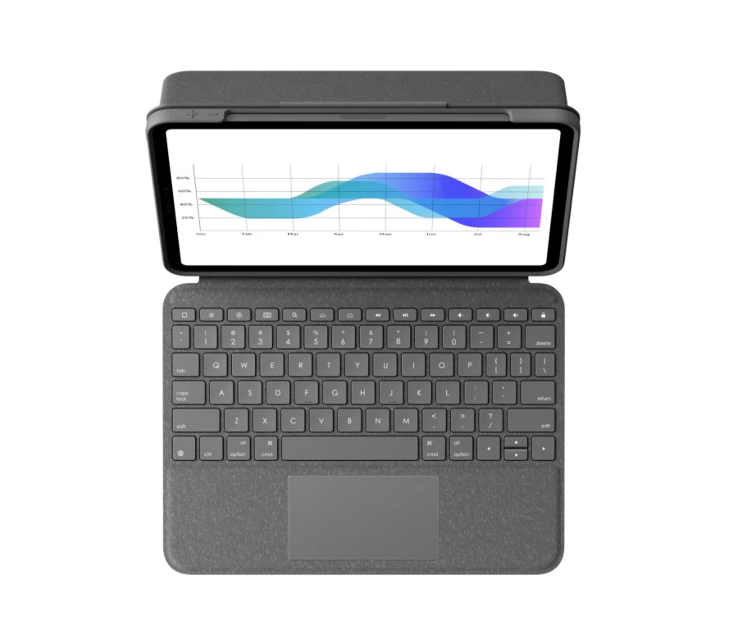 Ein graues Tablet mit Tastatur und einem Diagramm auf dem Bildschirm.