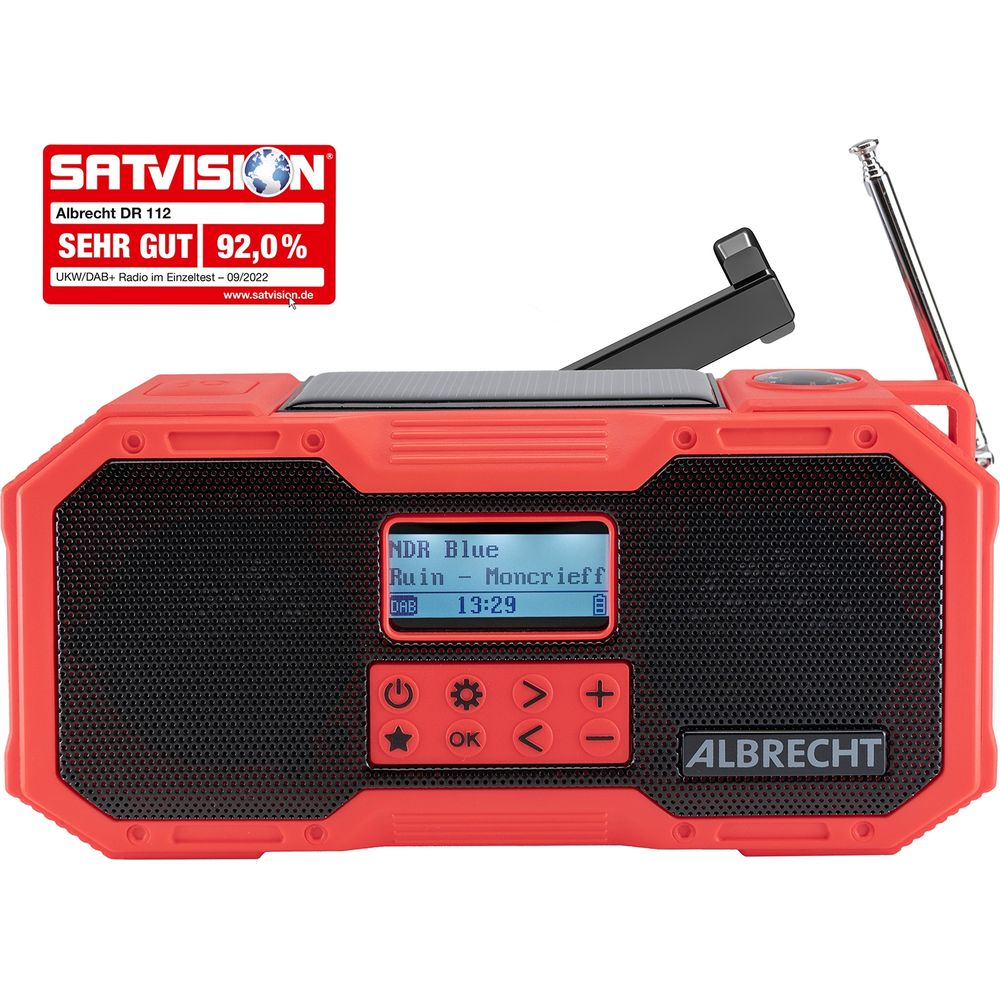 Czerwone radio Albrecht DAB+ z wyświetlaczem, przyciskami i anteną.