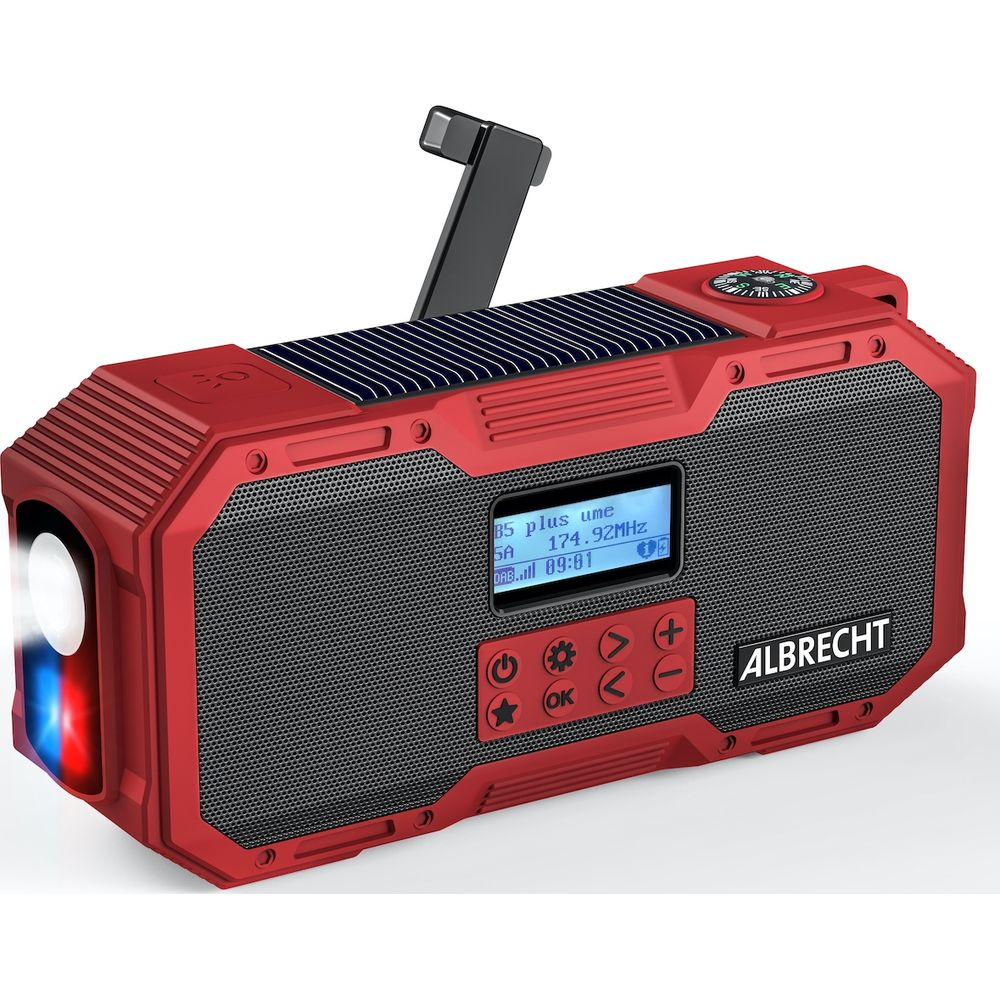 Czerwone radio DAB+ z panelem słonecznym, korbką, kompasem i światłem LED.