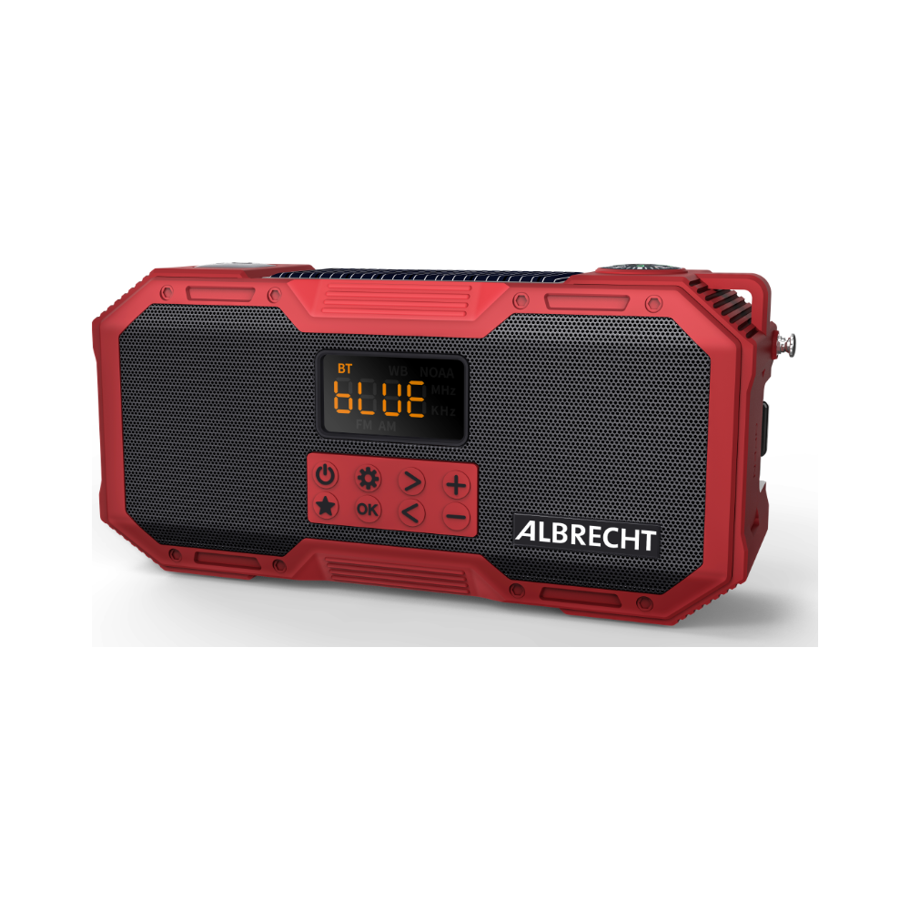 Czerwony głośnik Bluetooth Albrecht z czarną kratką i ekranem.