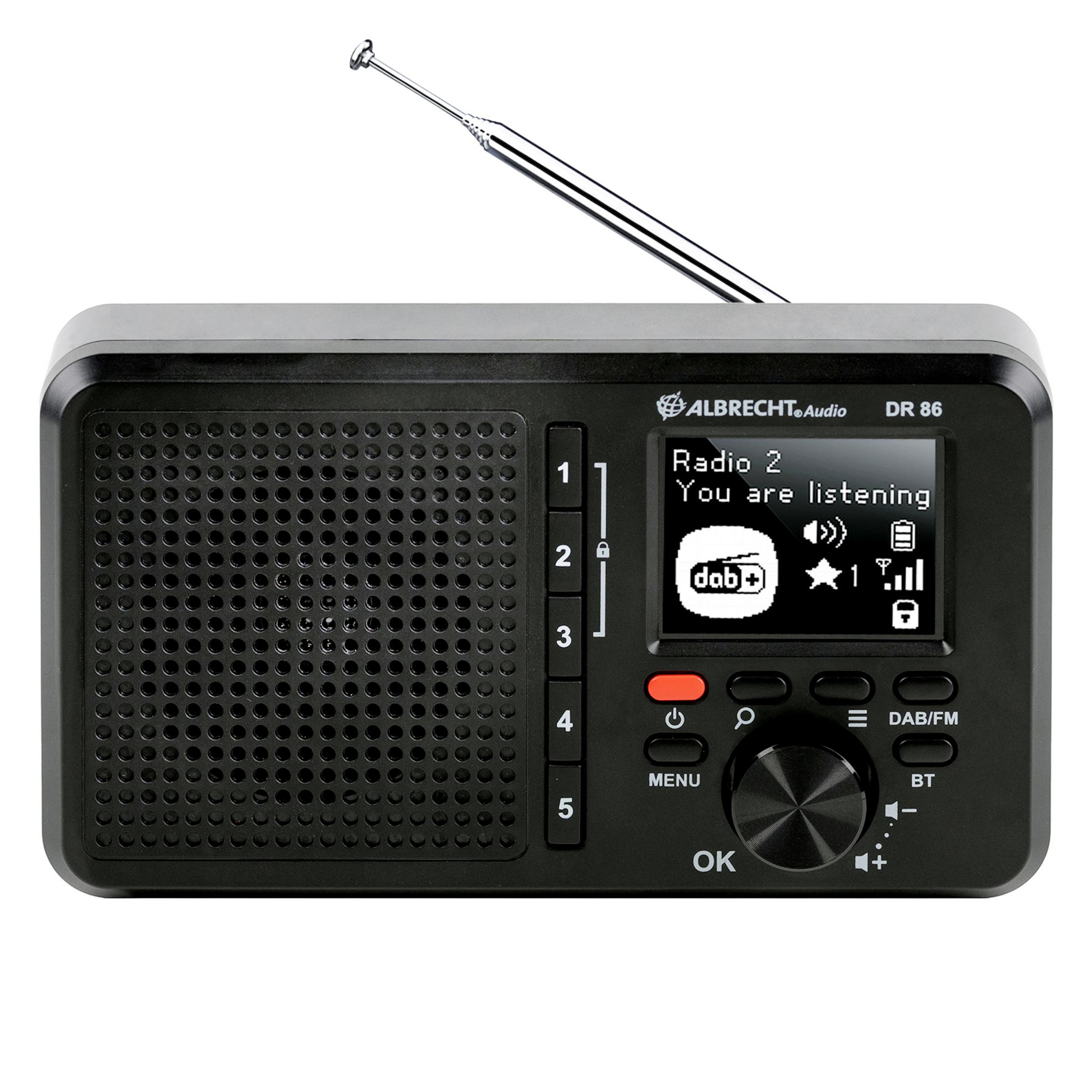 Czarno-białe radio DAB+ z anteną, głośnikiem i wyświetlaczem.