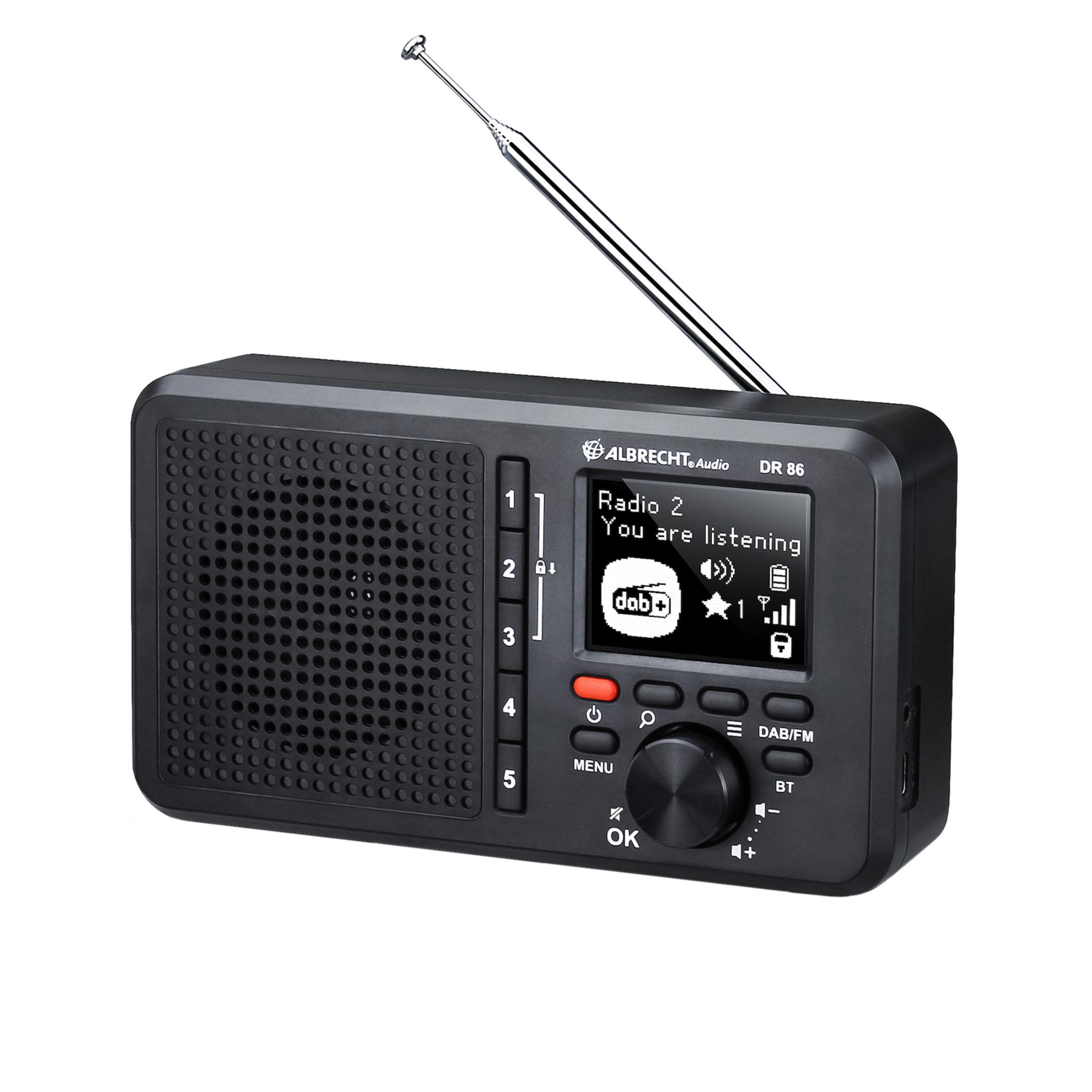 Czarno-srebrne radio DAB+ z antenką i ekranem LCD.