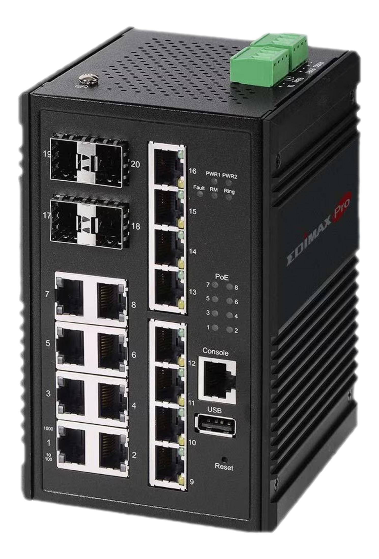 Switch di rete nero con porte multiple e LED.