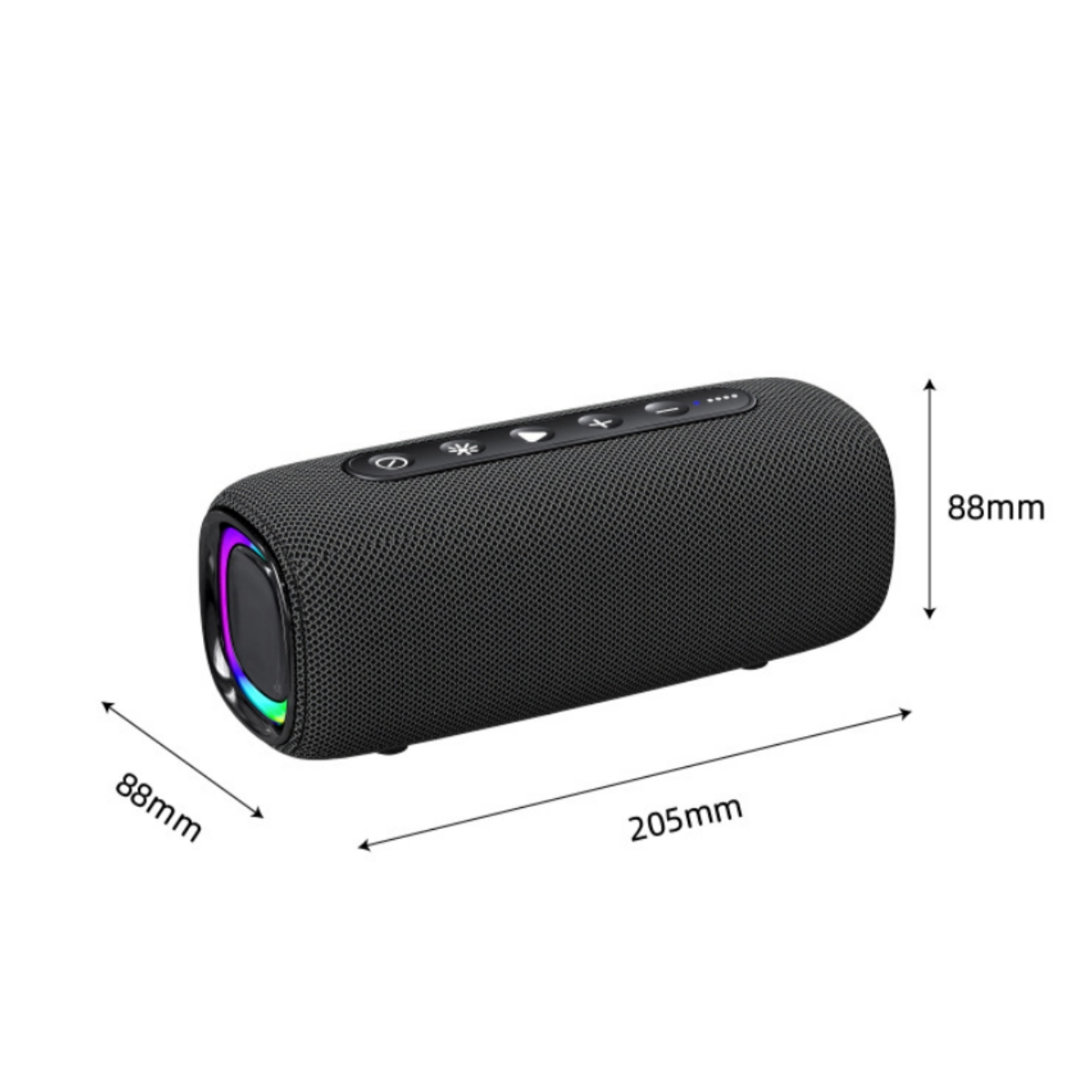 Schwarzer tragbarer Lautsprecher mit RGB-Licht und Maßen 205x88x88mm.