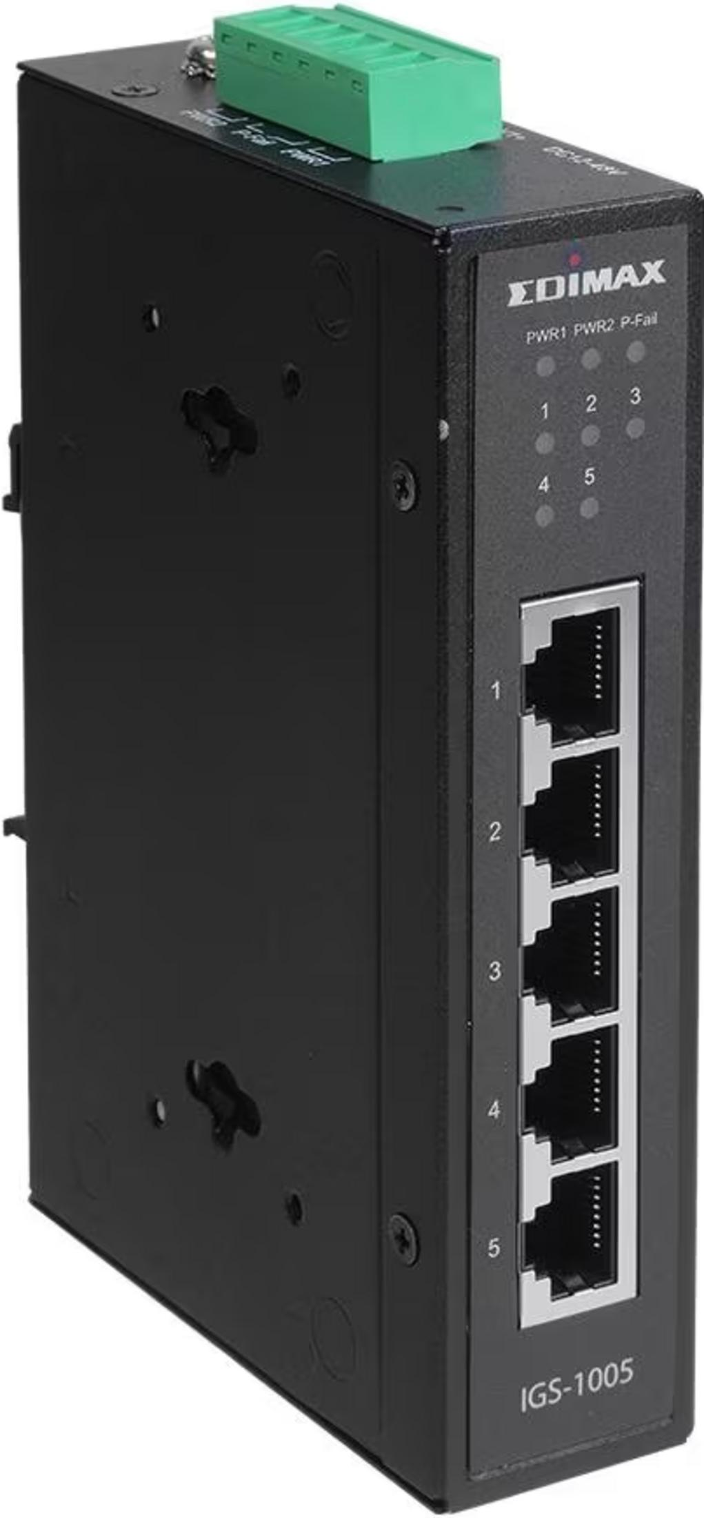 Czarny przełącznik sieciowy z 5 portami Ethernet i wskaźnikami LED.