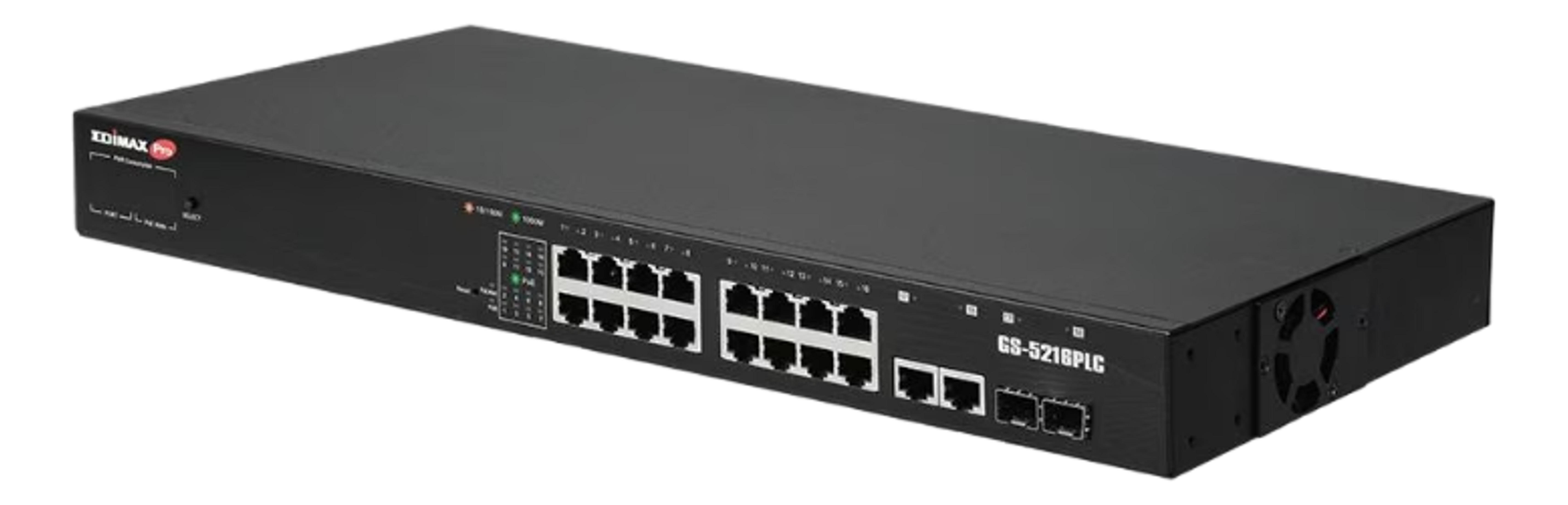 Czarny przełącznik sieciowy Edimax GS-5216PLC z wieloma portami.