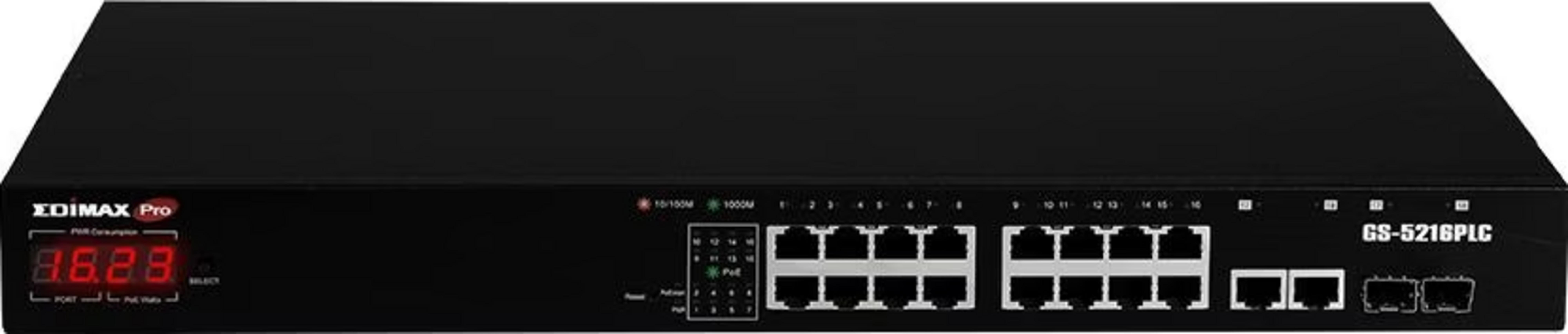 Czarny przełącznik sieciowy z 16 portami i czerwonym wyświetlaczem LED.