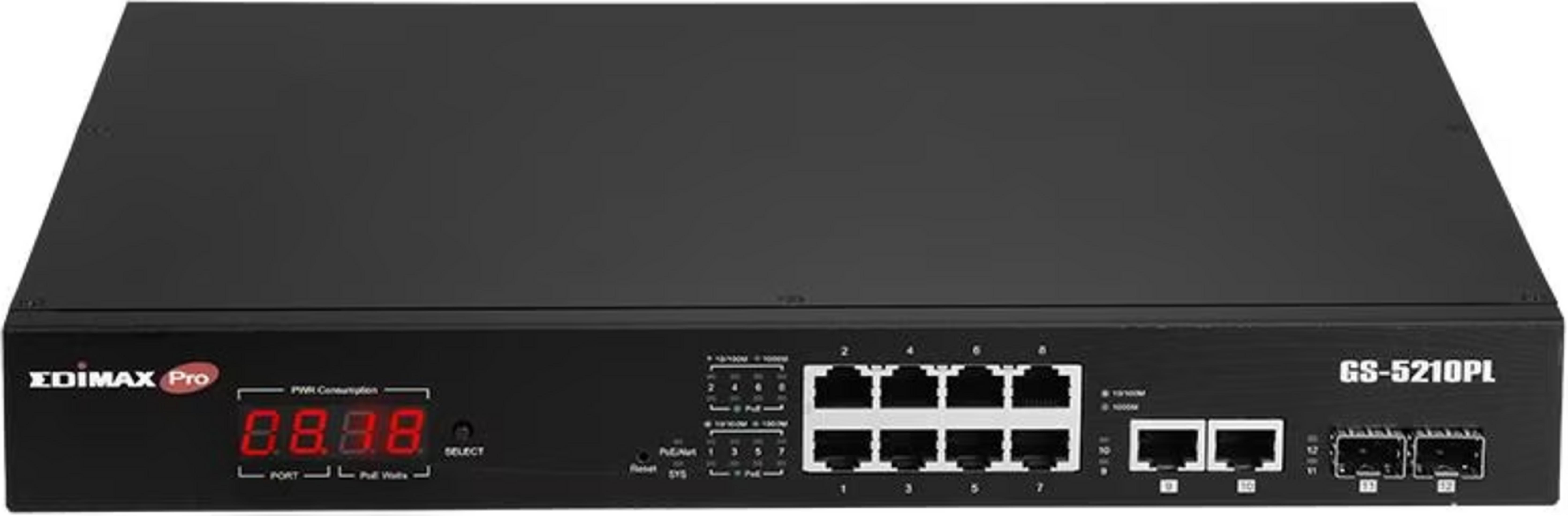 Czarny przełącznik sieciowy Edimax Pro GS-5210PL z czerwonymi wskaźnikami LED.