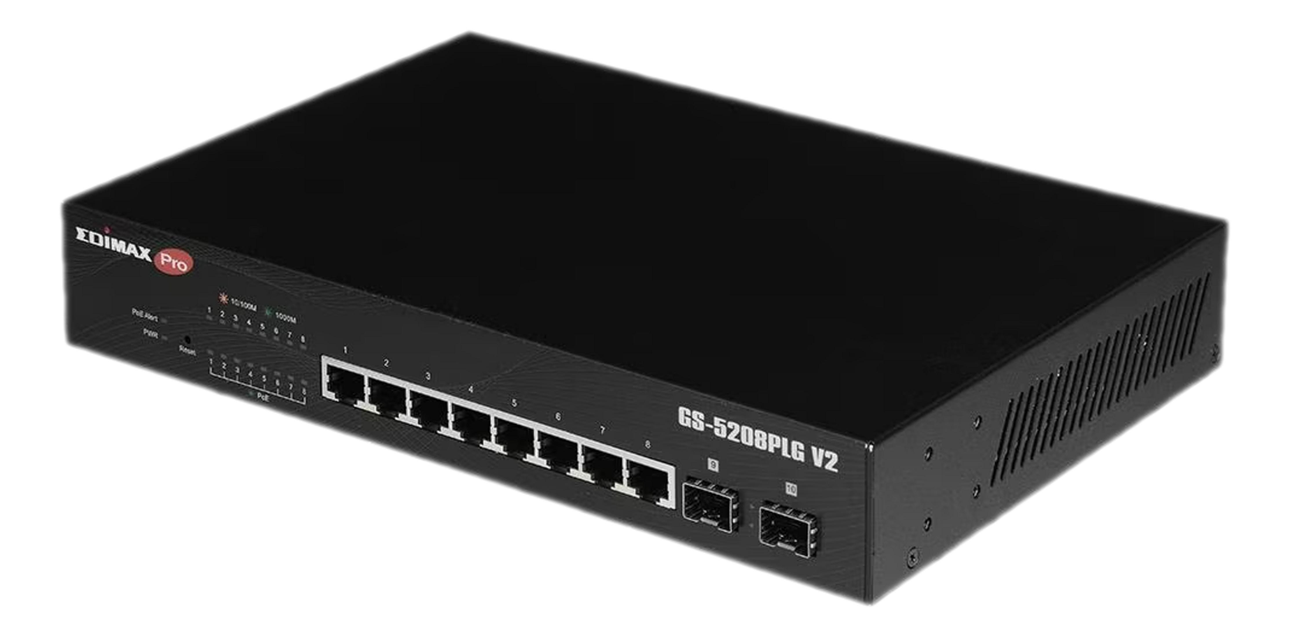 Czarny przełącznik sieciowy Edimax Pro GS-5208PLG V2 z 8 portami LAN.