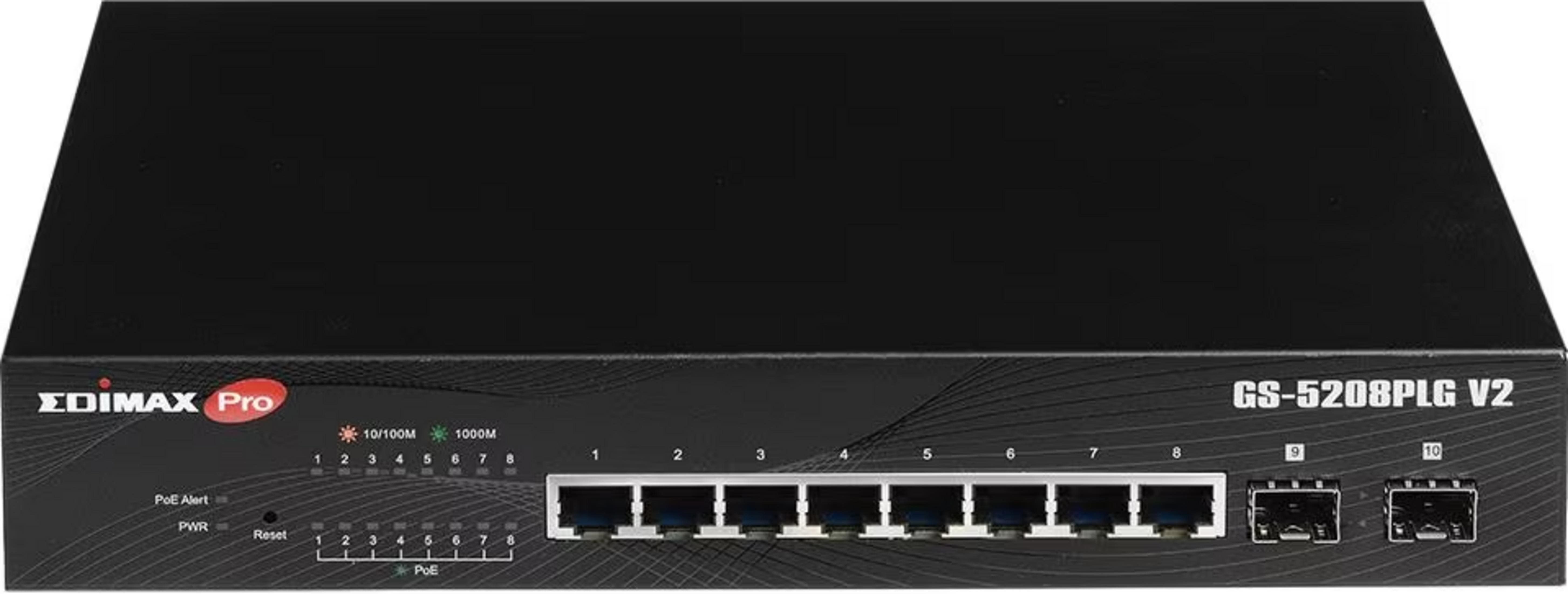 Czarny przełącznik sieciowy Edimax Pro GS-5208PLG V2 z 8 portami Ethernet i 2 portami SFP.