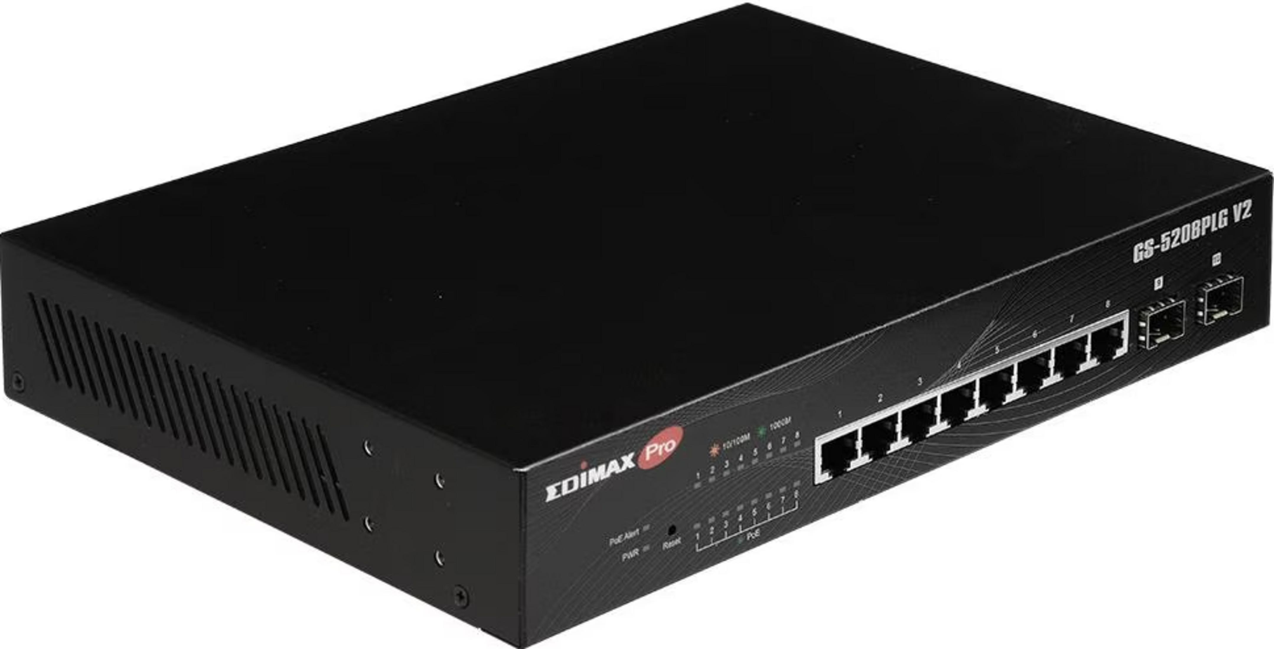 Czarny przełącznik sieciowy z ośmioma portami Ethernet i dwoma portami SFP.