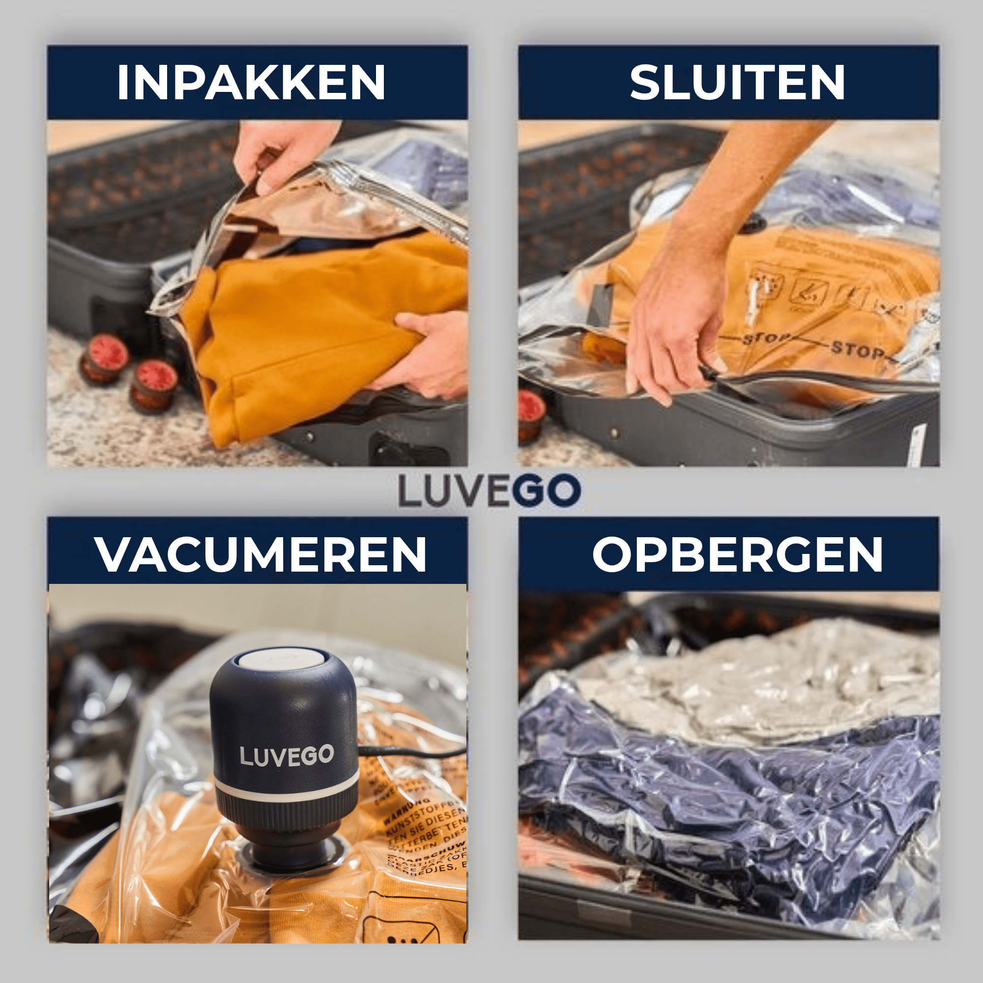 Vier beelden tonen het inpakken, sluiten, stofzuigen en opbergen van kleding in vacuümzakken.
