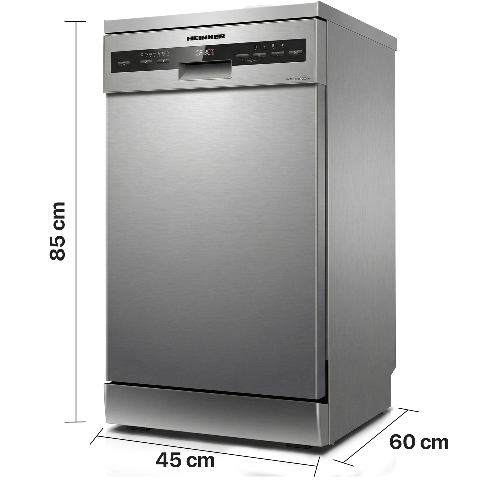 Silver dishwasher, 85x45x60 cm, with digital display and control panel.